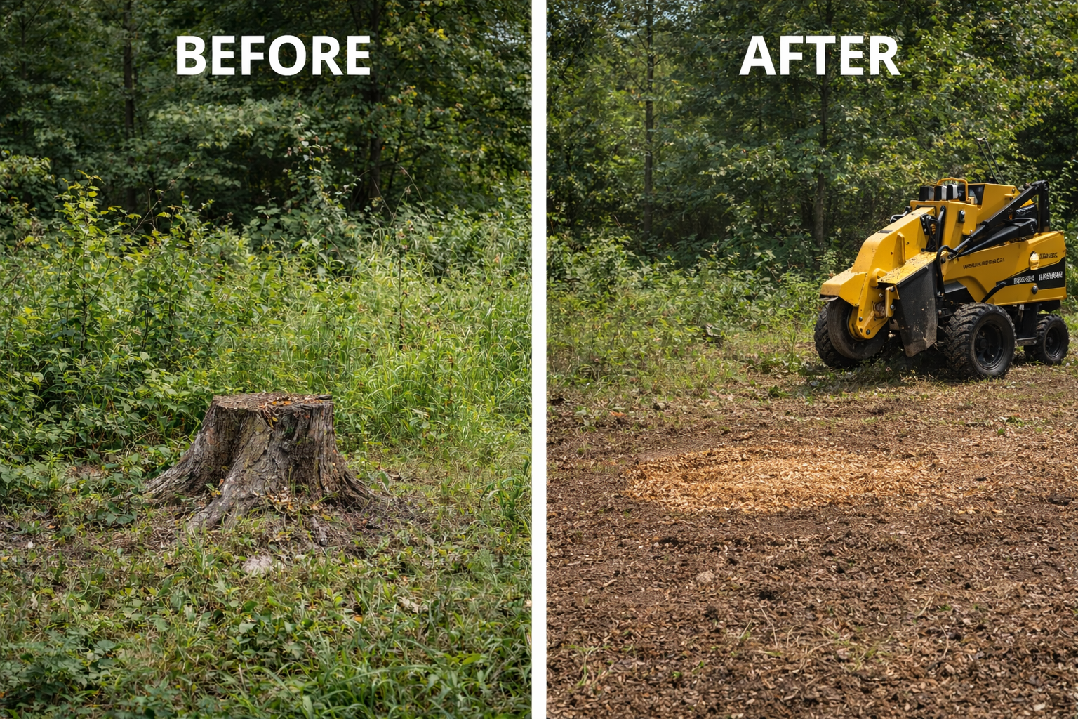 Before-and-after view of brush clearing and stump grinding