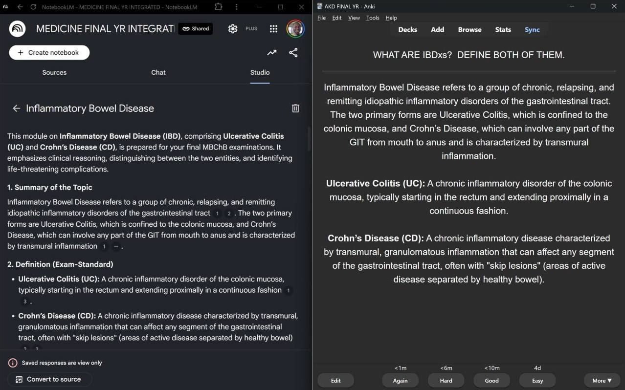 SharpMed NotebookLM and Anki study workflow preview showing clinical integration and flashcards