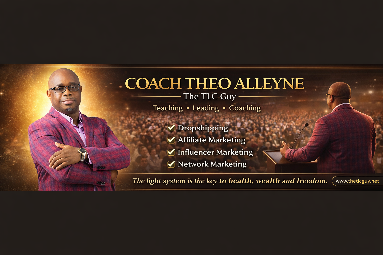 Coach Theo Alleyne teaching business paths: dropshipping, affiliate, influencer, and network marketing.