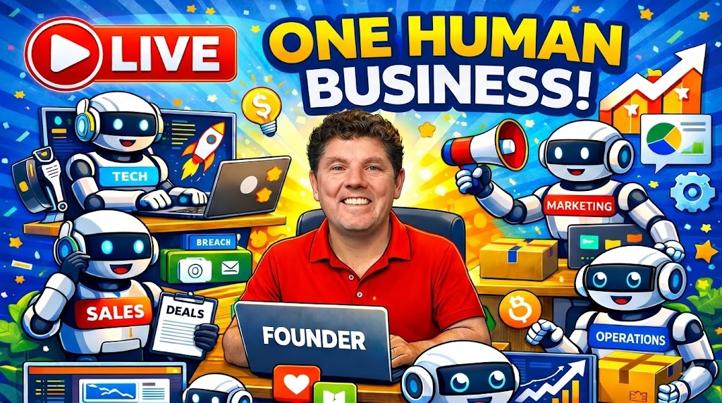 One Human Business live show thumbnail with Bill McIntosh and AI robot assistants for tech, sales, marketing, and operations