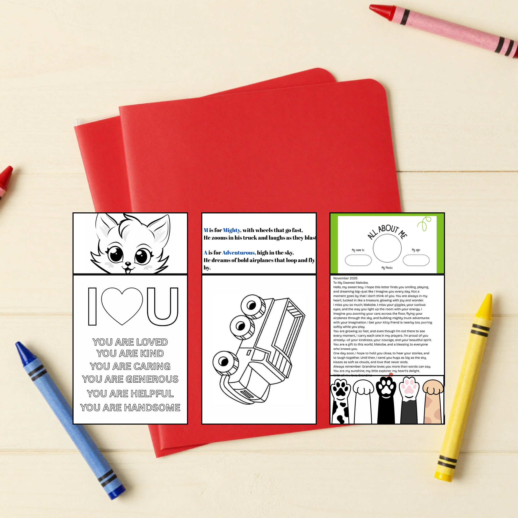 Young Boy keepsake page with affirmations and story elements