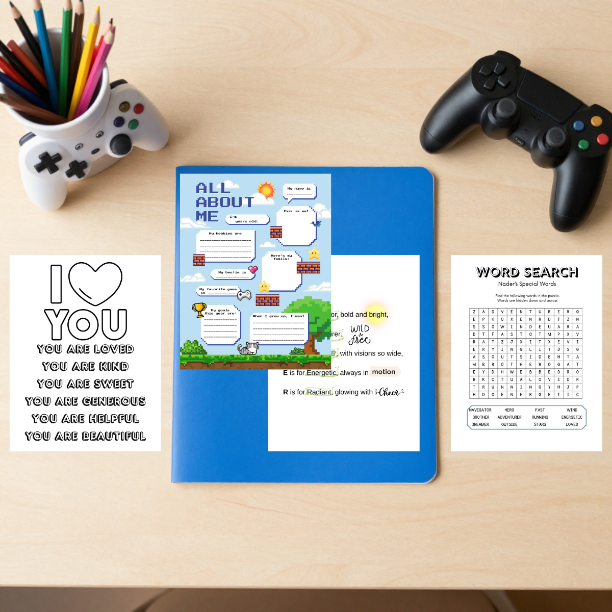 Teenage Boy personalized page showing interests and affirmations