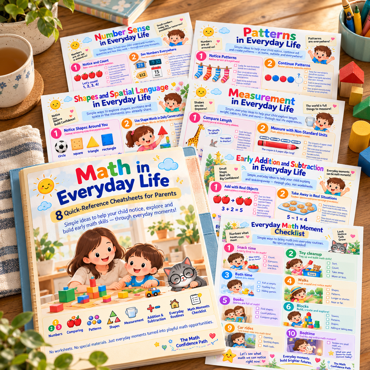 Math in Everyday Life collection collage showing the parent guide and colourful quick-reference sheets for number sense, patterns, shapes, measurement, addition and subtraction, and everyday moments.