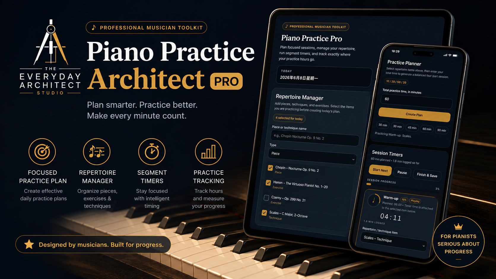 Piano Practice Architect Pro interface showing session planning and repertoire