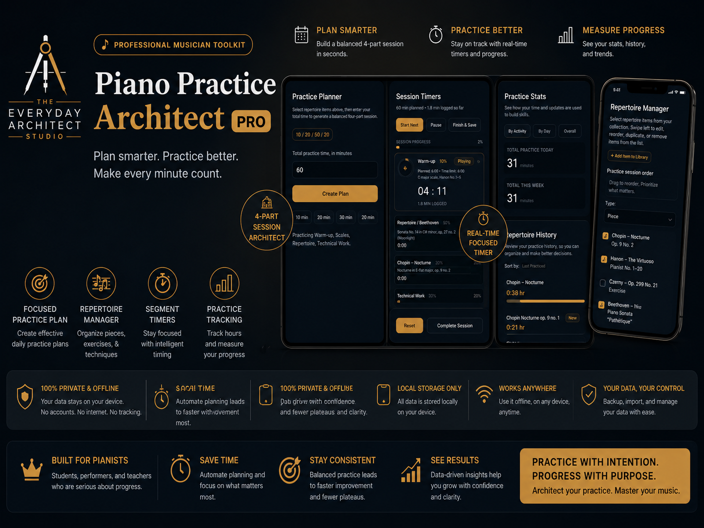 Detailed view of the Piano Practice Architect Pro repertoire manager