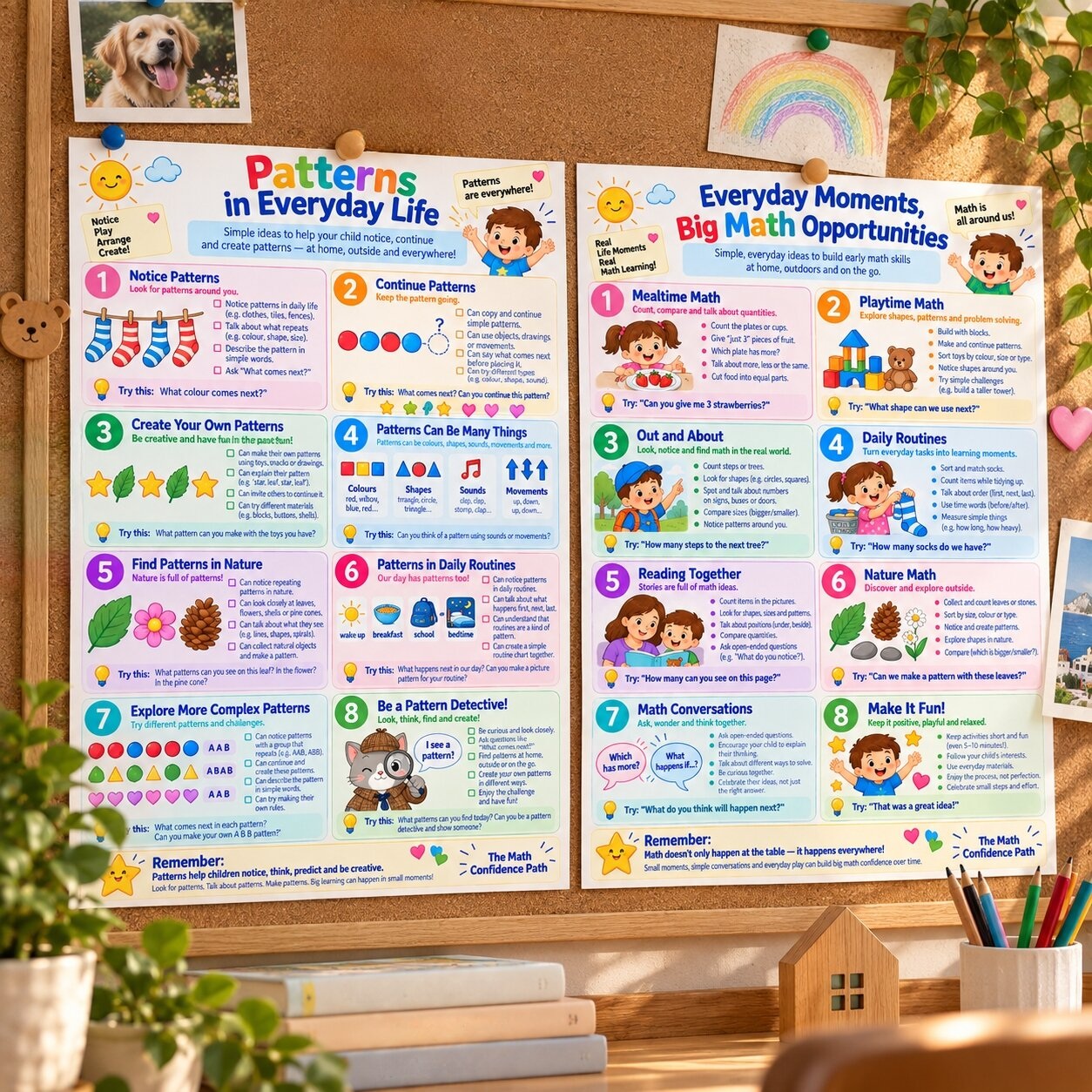 Patterns in Everyday Life and Everyday Moments cheatsheets displayed on a family notice board, with ideas for patterns, mealtimes, playtime, routines, books, nature, and conversations.