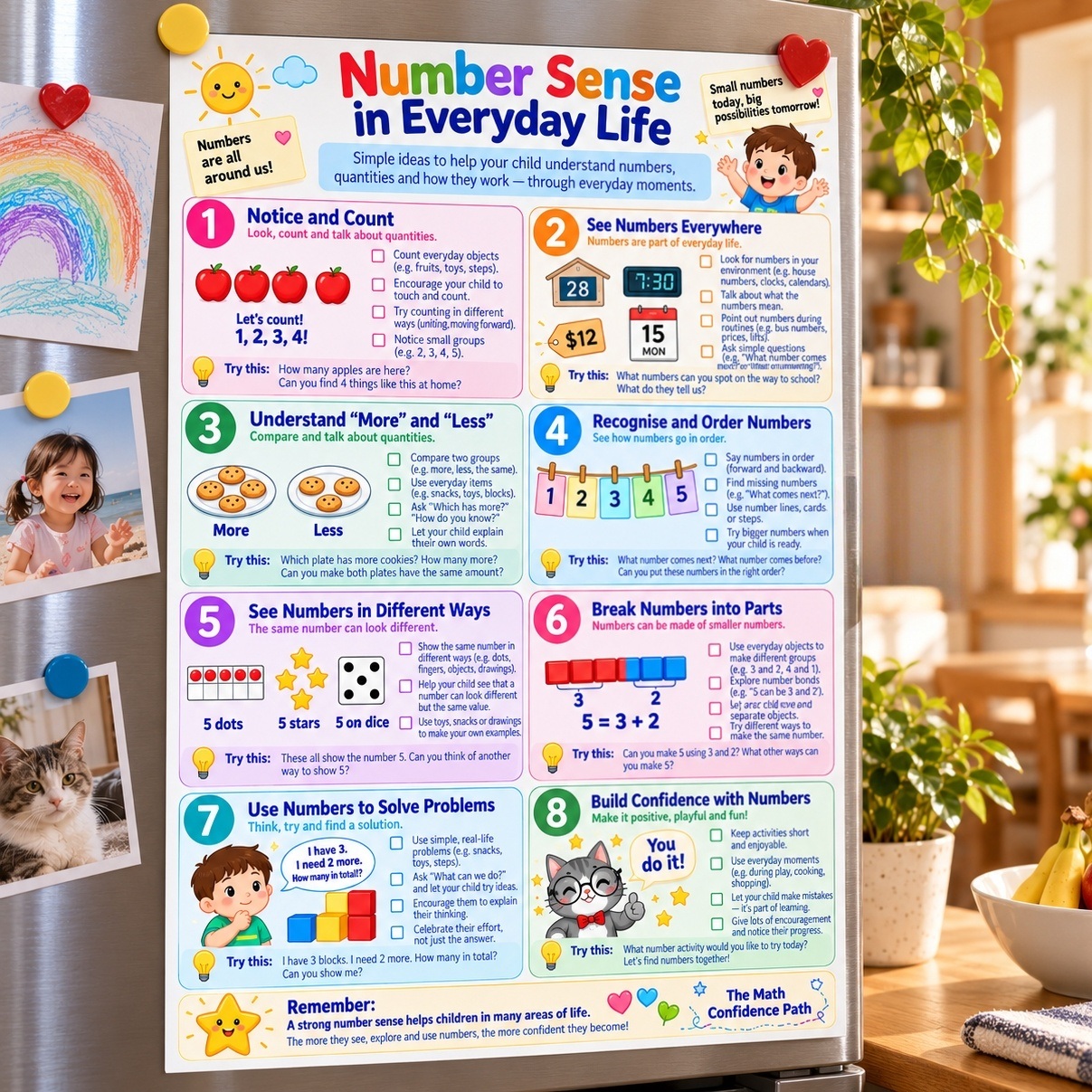 Number Sense in Everyday Life cheatsheet displayed on a fridge, with prompts for counting, numbers in the environment, more and less, ordering, parts, and solving simple problems.