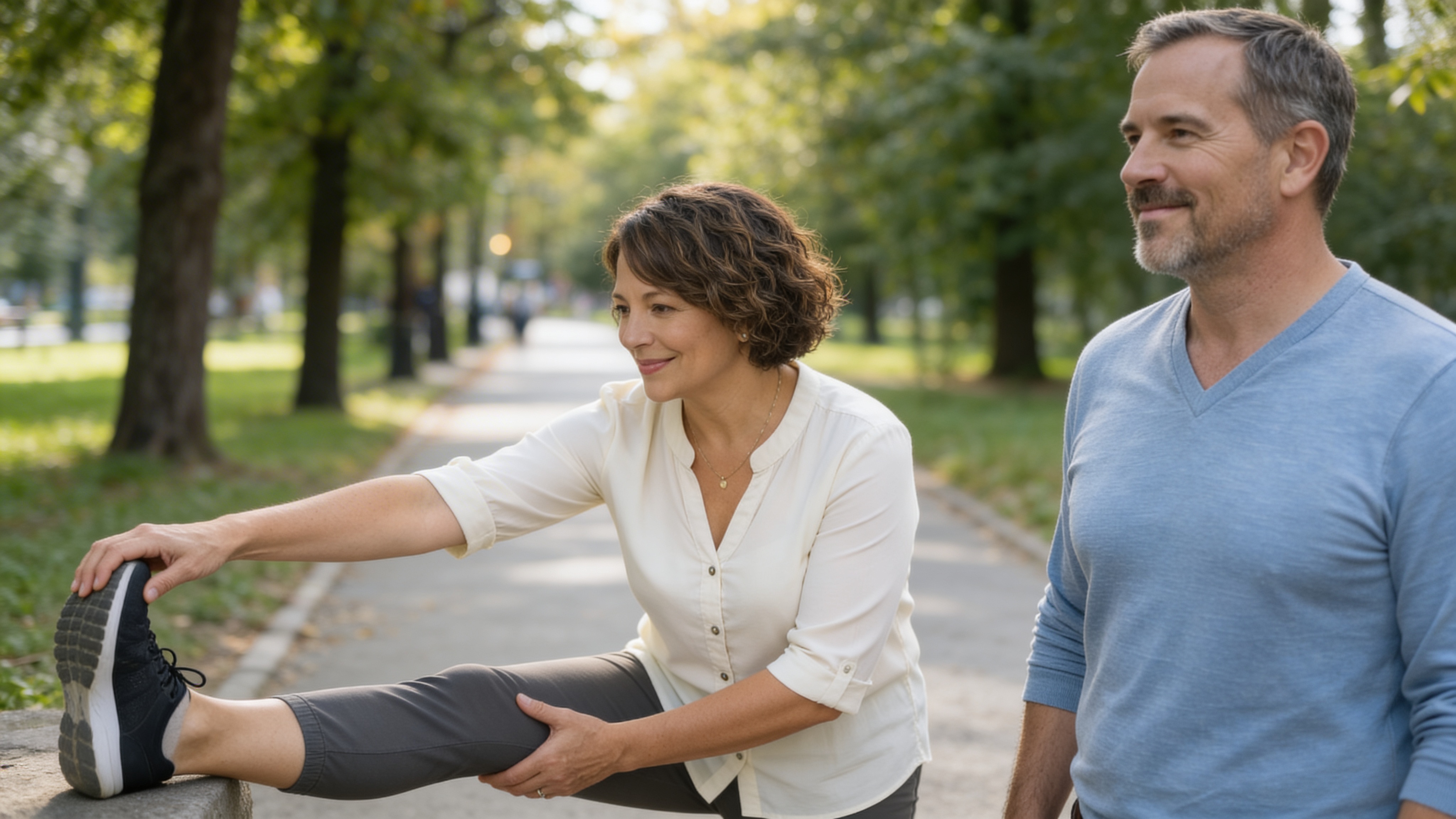 Woman in her 50s stretching her leg on a park bench before a walk, wearing supportive sneakers, with a man standing nearby
