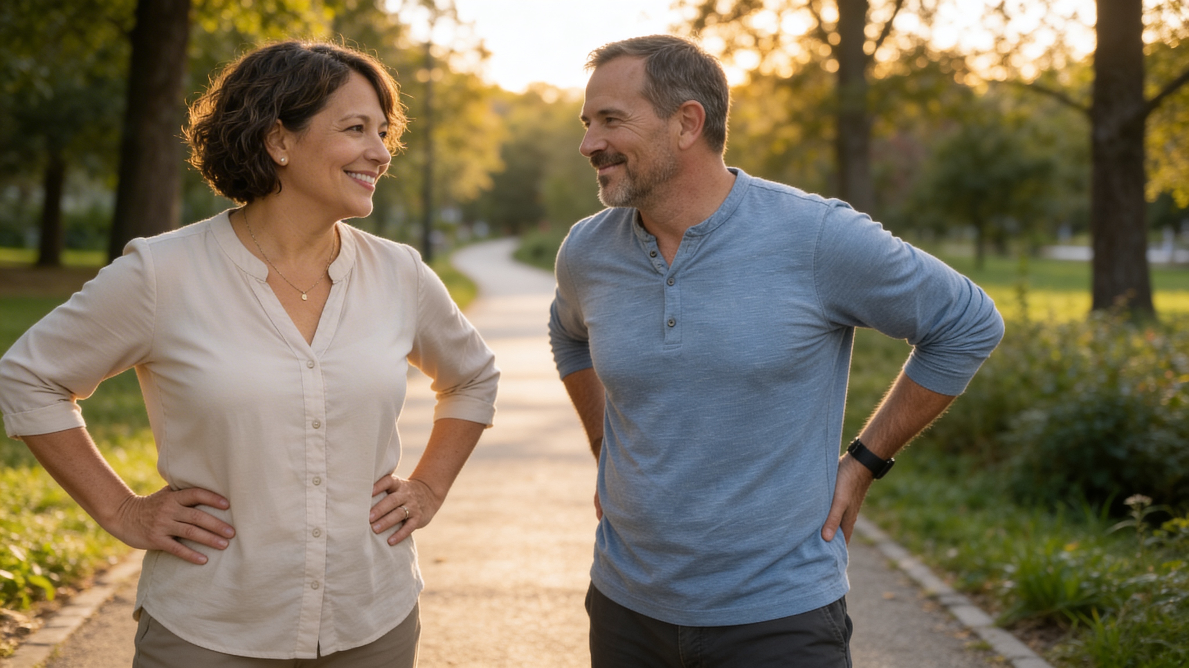 A couple in their 50s smiling at each other on a sunny park path, ready to walk together