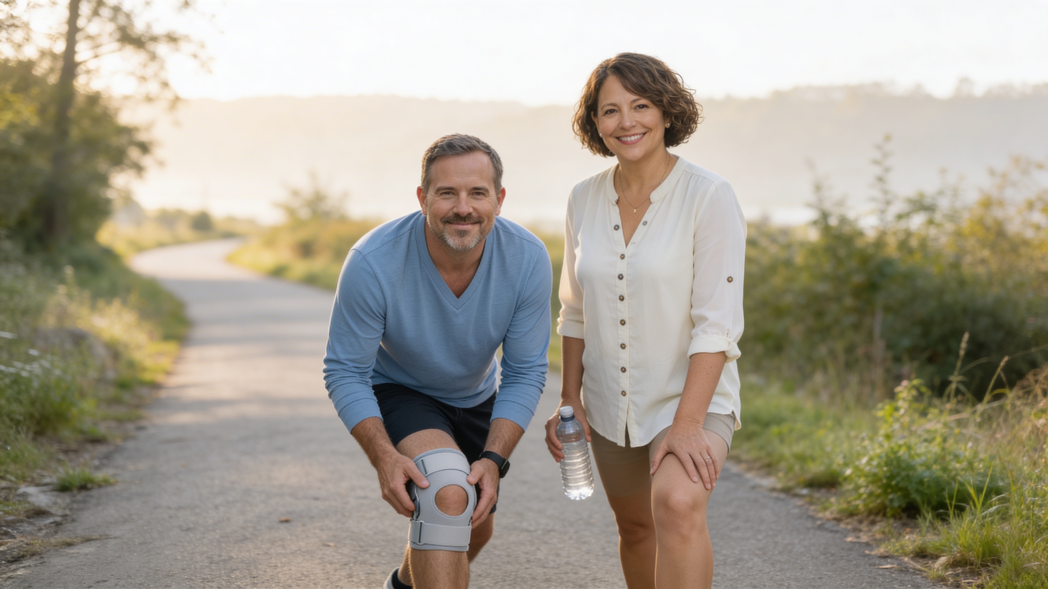 A man in his 50s crouching on a trail path showing a knee brace, smiling alongside a woman holding a water bottle