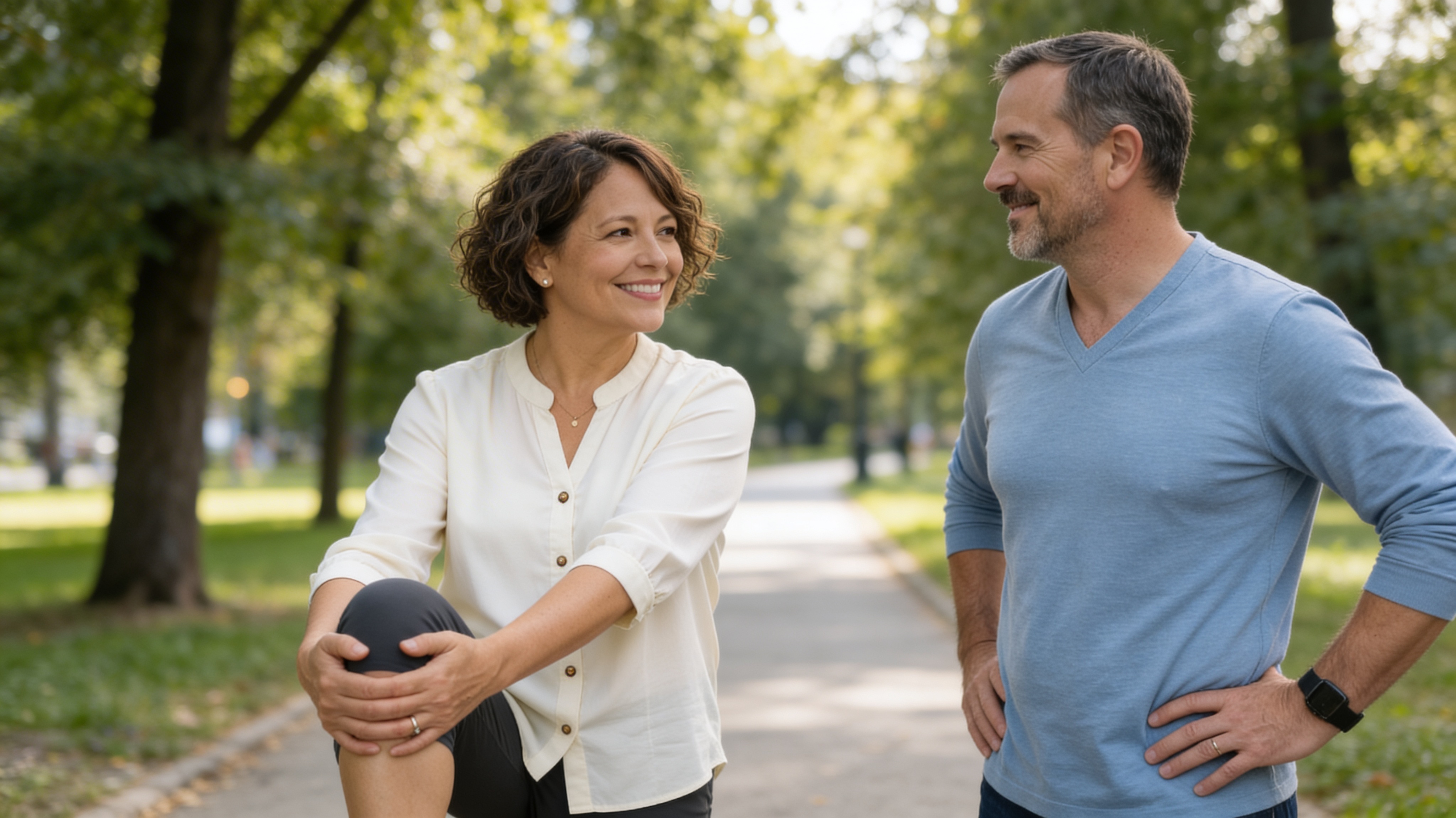 A woman in her 50s lifting her knee gently while stretching on a park path, with a man smiling alongside her