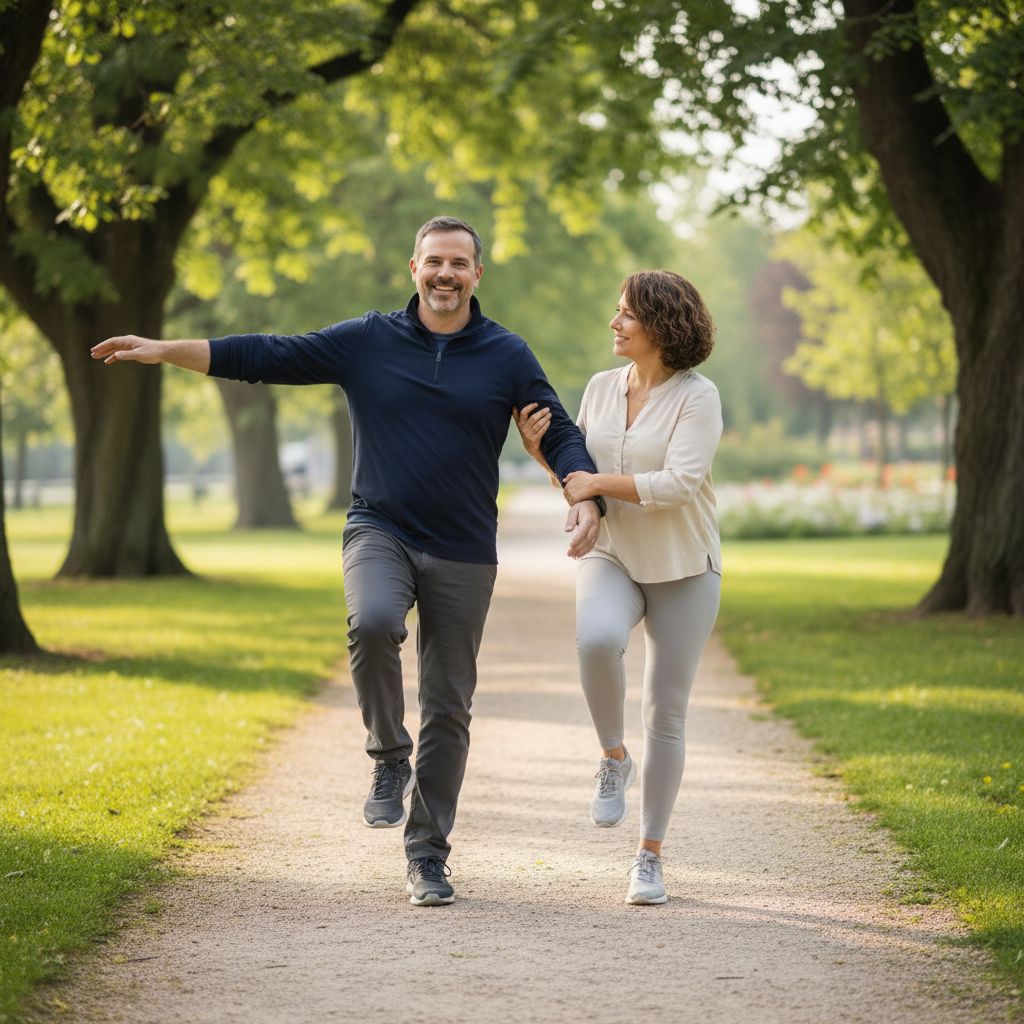 A couple in their 50s doing balance exercises together on a tree-lined park path