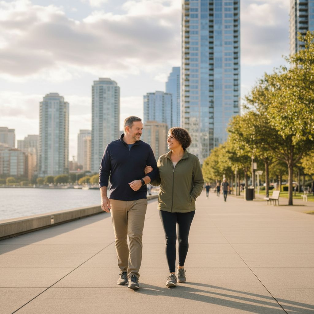 Couple walking on city waterfront boardwalk