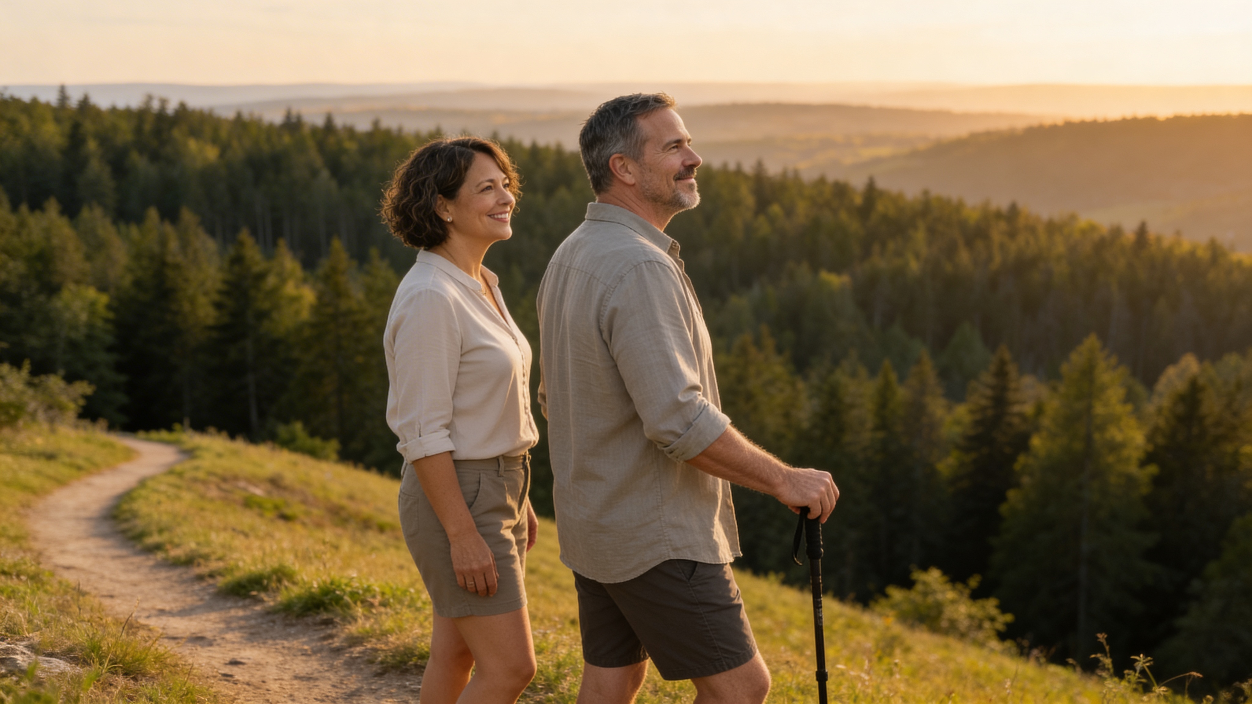 Couple hiking on hill at golden hour