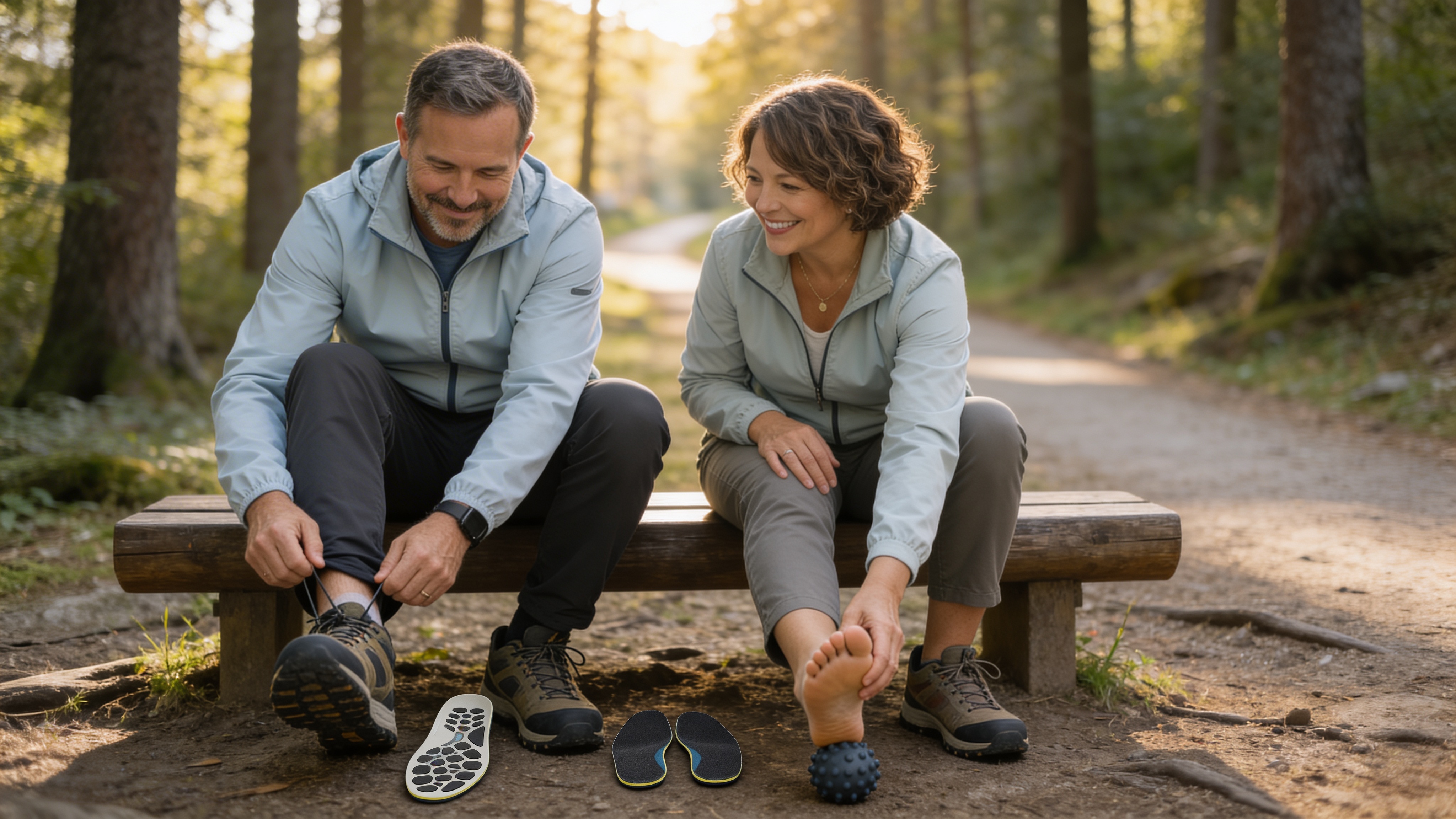 A couple sitting on a forest trail bench — one tying walking shoes with insoles on the ground, the other massaging their bare foot with a massage ball after a walk.