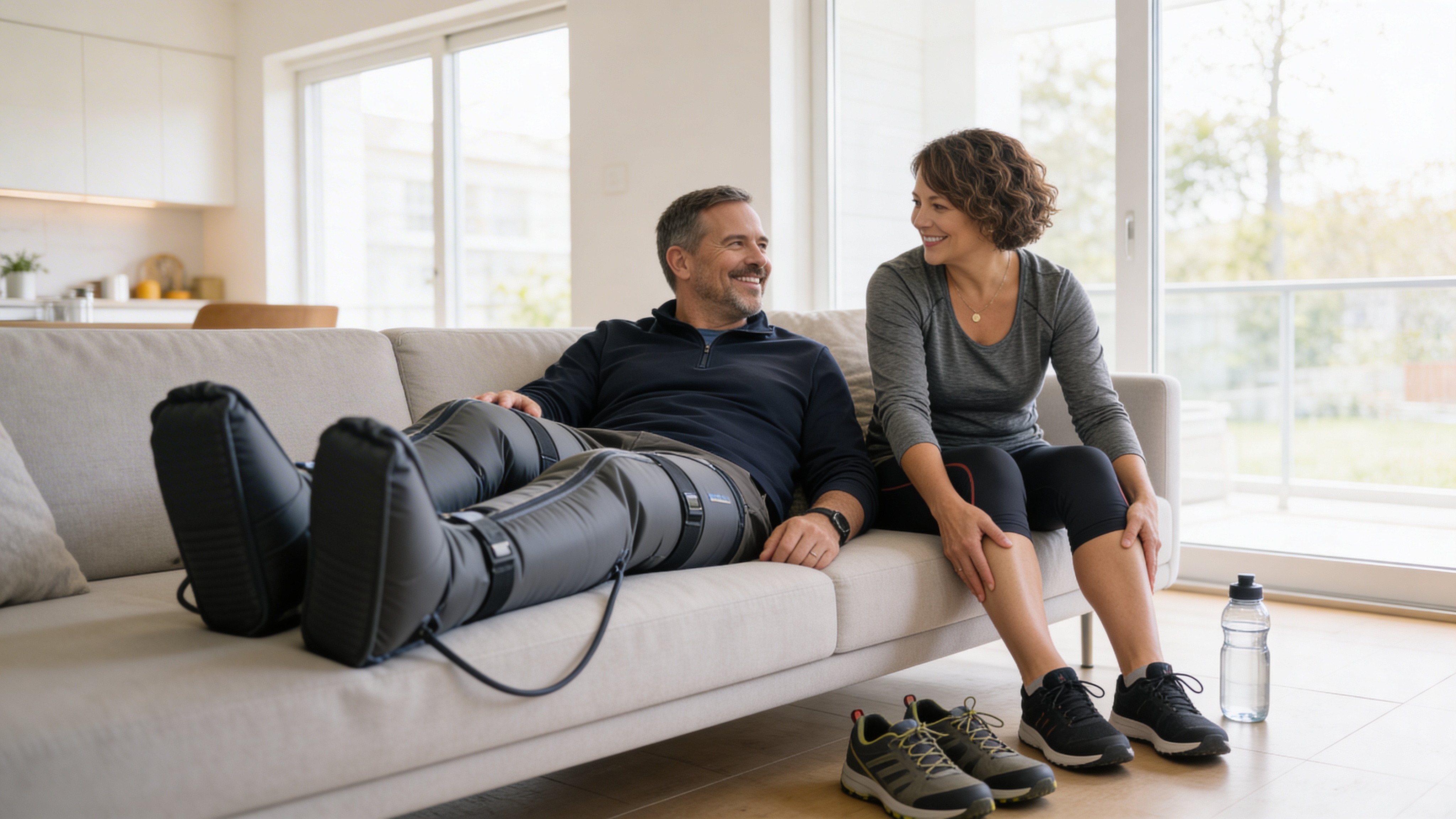 A couple relaxing at home using compression recovery boots to support leg circulation after walking