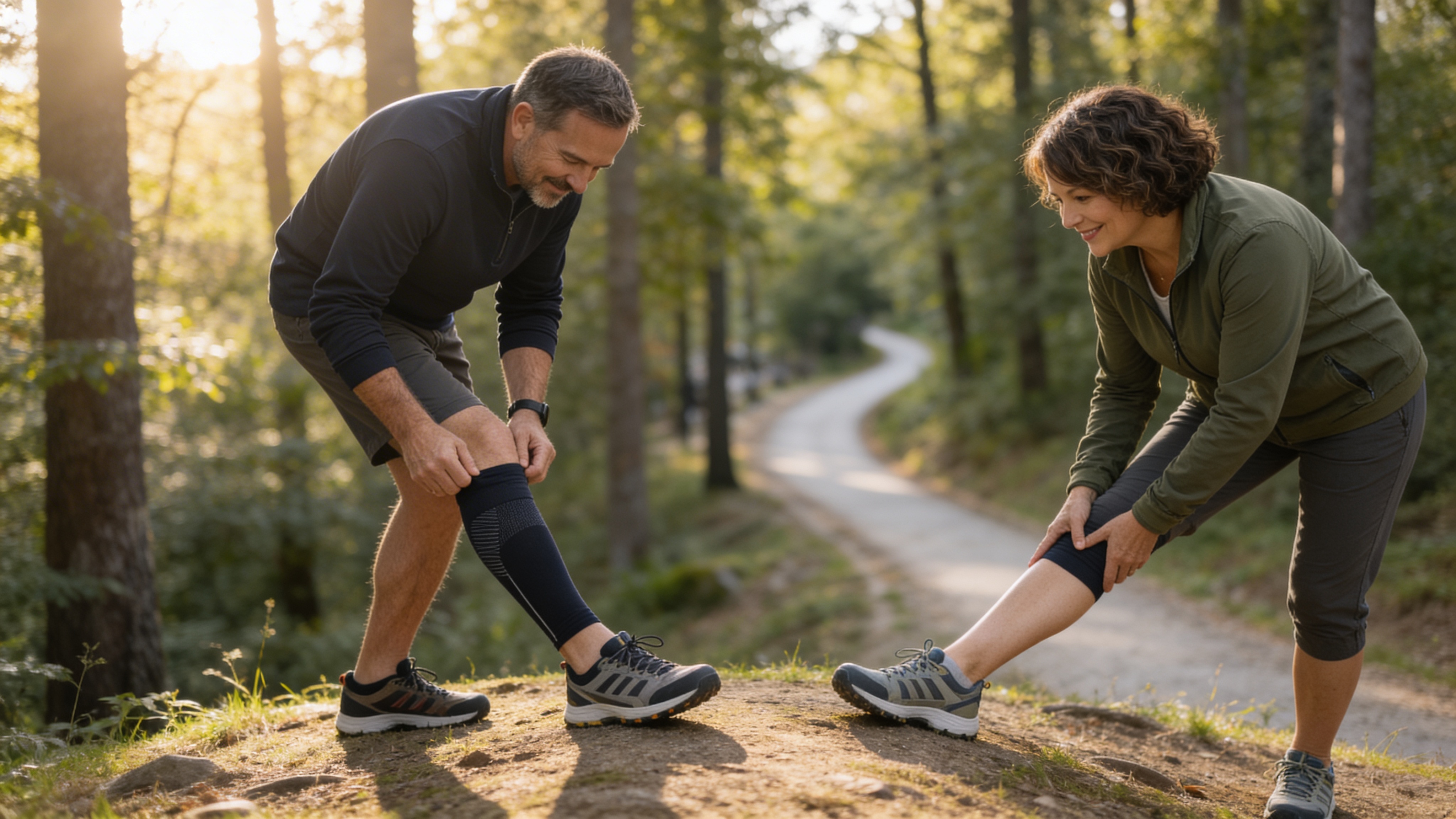 A couple on a sunlit forest trail, both leaning down to adjust their compression sleeves before a walk.