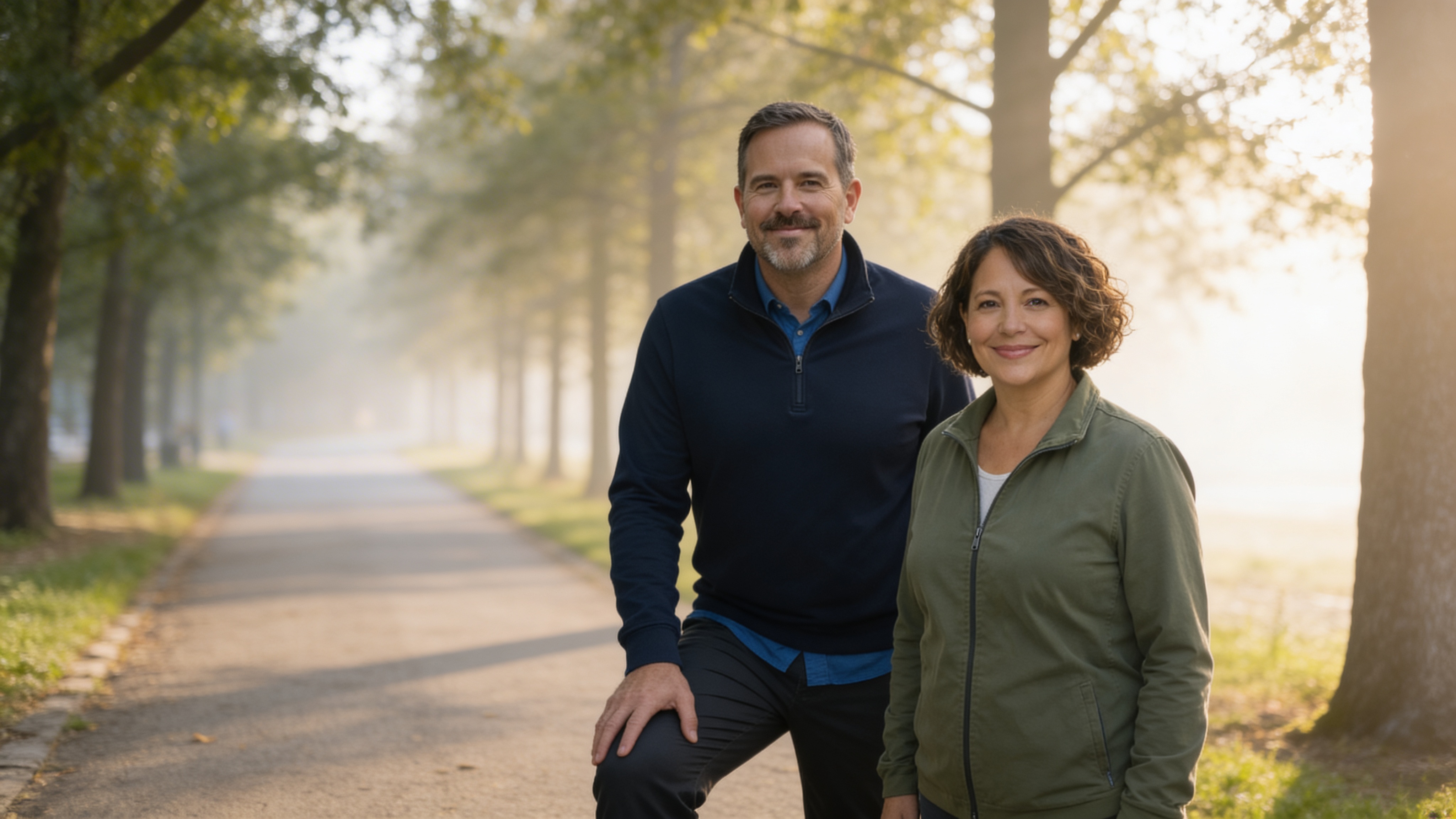 A couple in their 50s standing on a misty tree-lined path, looking healthy and active