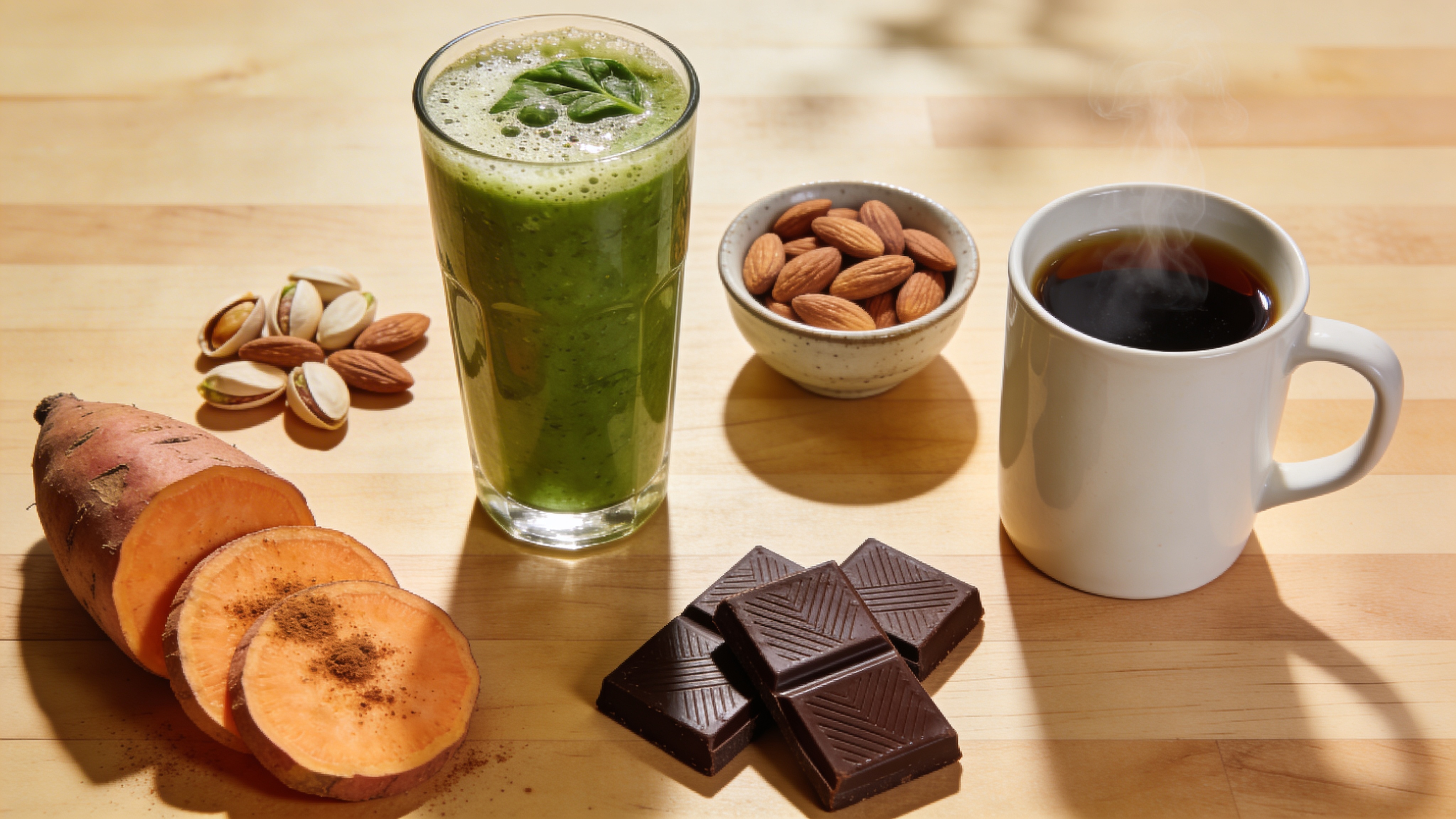 A typical healthy day's foods laid out — green smoothie, almonds, sweet potato, dark chocolate, and black tea