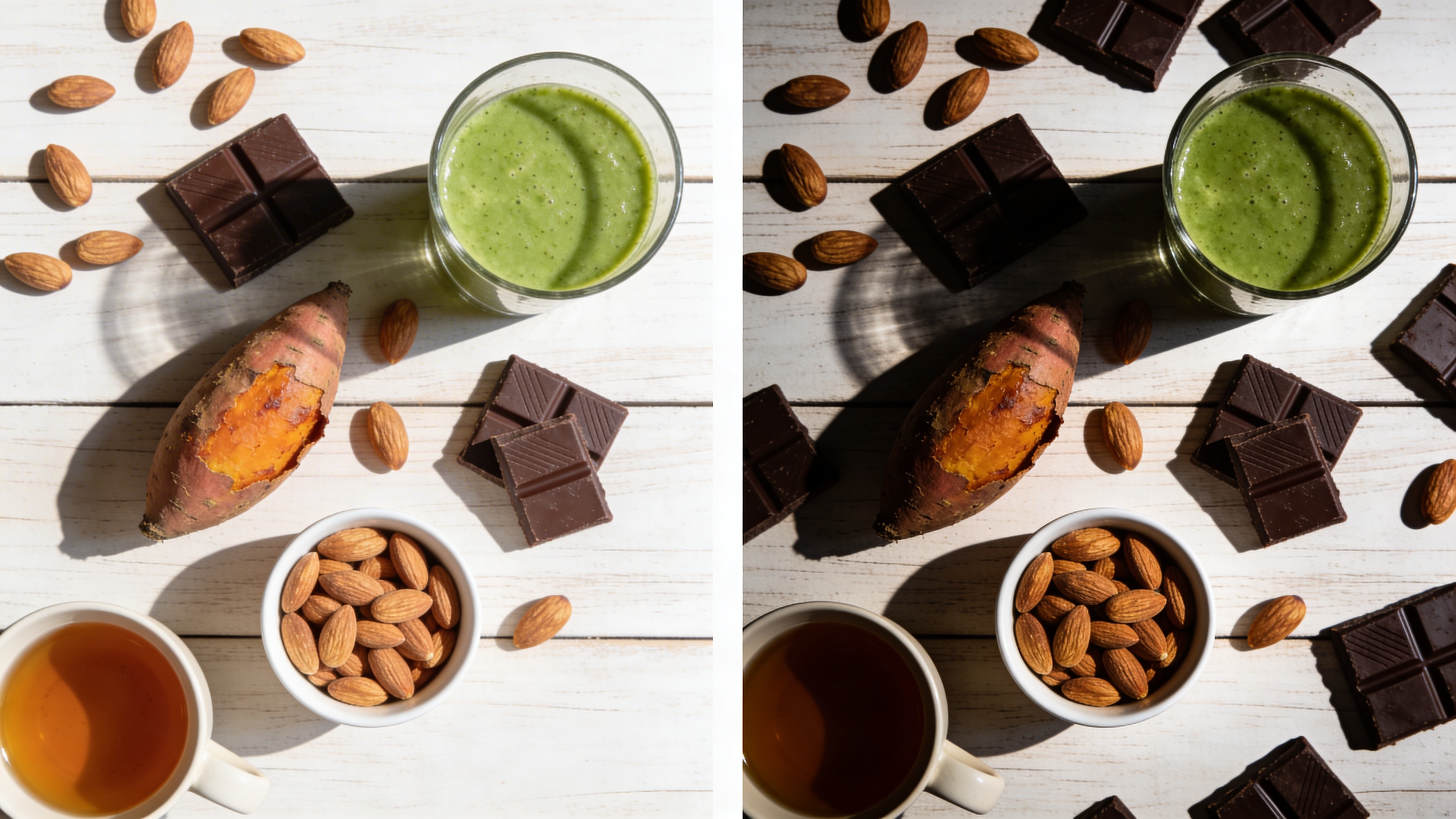 Overhead view of common healthy foods — almonds, green smoothie, sweet potato, dark chocolate, and tea — that may contribute to high oxalate intake