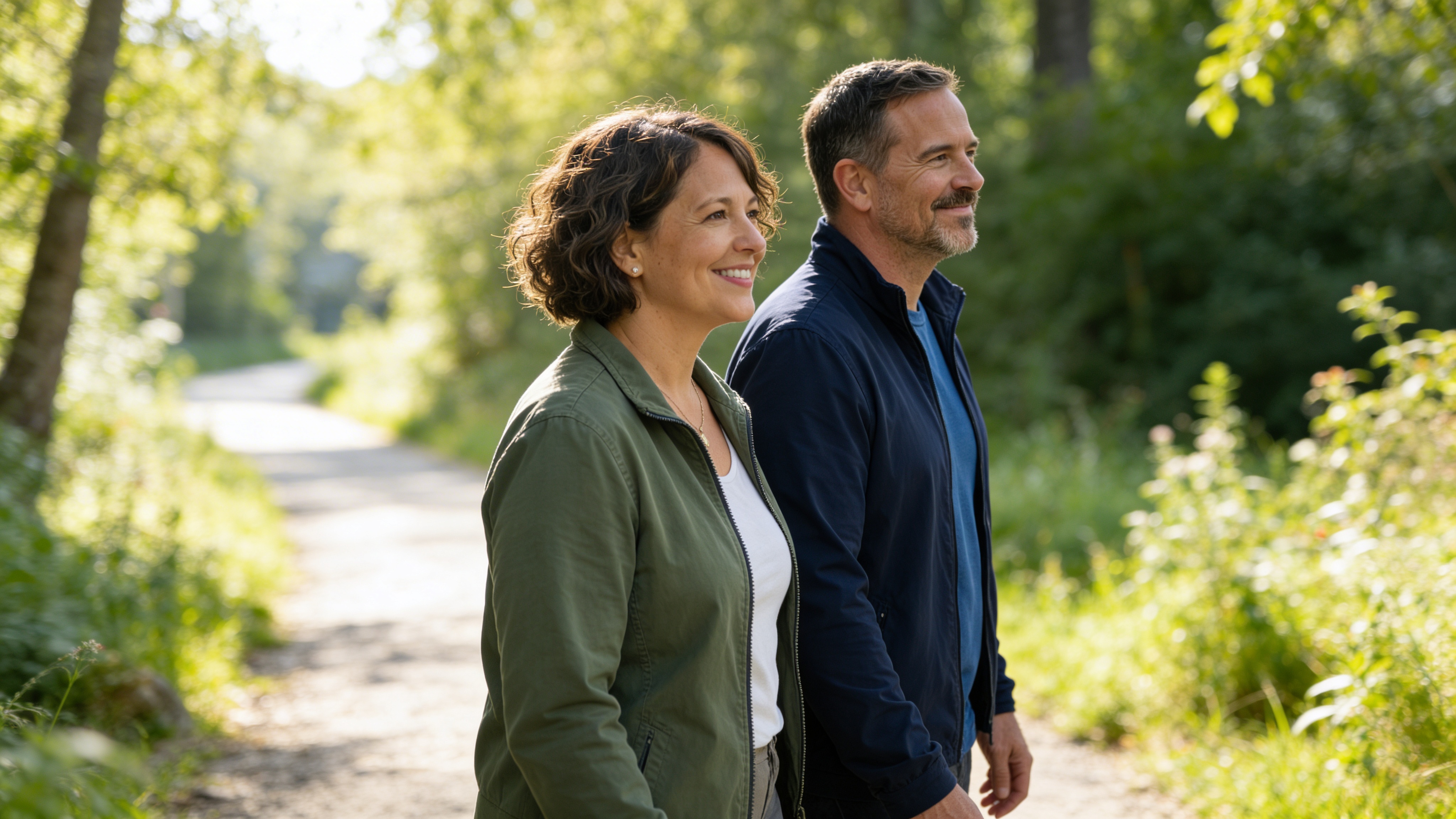A couple in their 50s walking together on a sunny wooded path, looking relaxed and hopeful