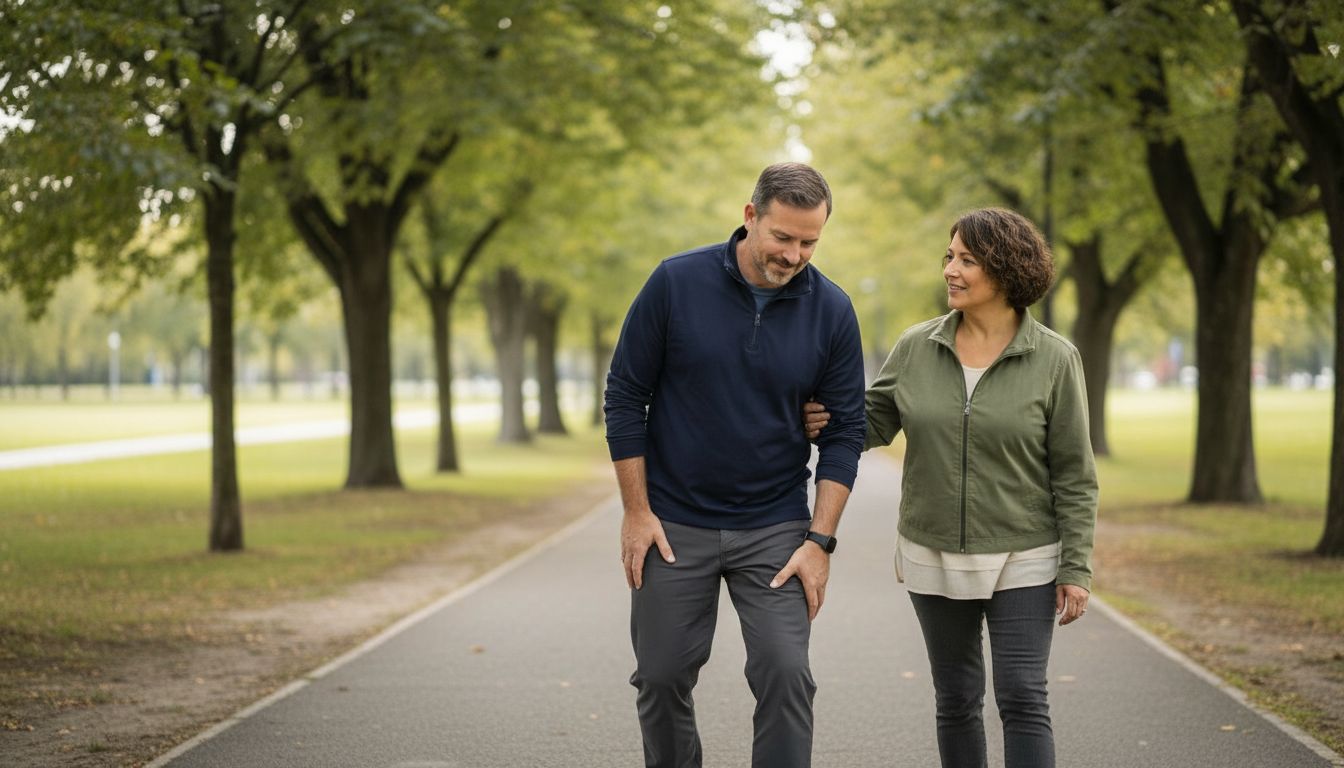 Man holding his knee in discomfort while walking in a park with a woman