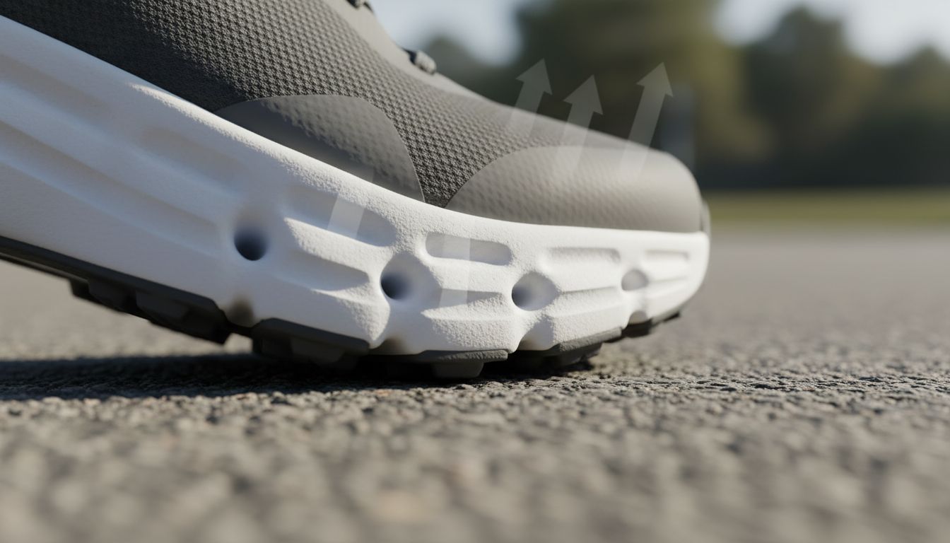 Close-up of structured foam cushioning on a walking shoe sole with arrows showing shock absorption