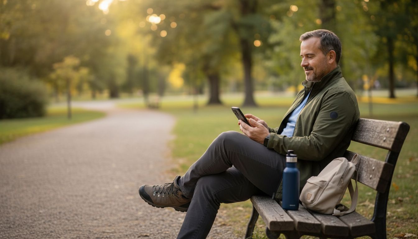 Man sitting on a park bench looking at his phone, wearing hiking boots, with a walking path ahead