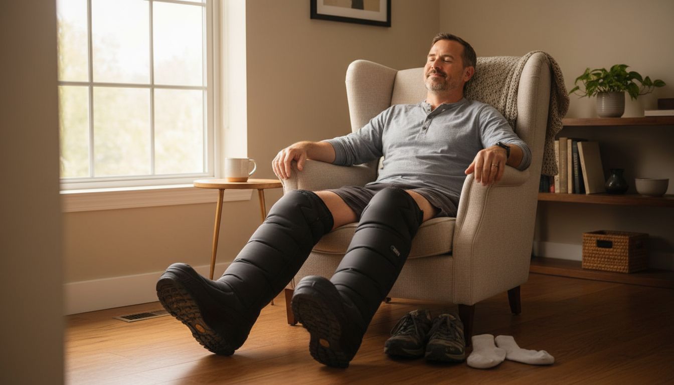 A man relaxing in an armchair at home using compression recovery boots on both legs after a walk