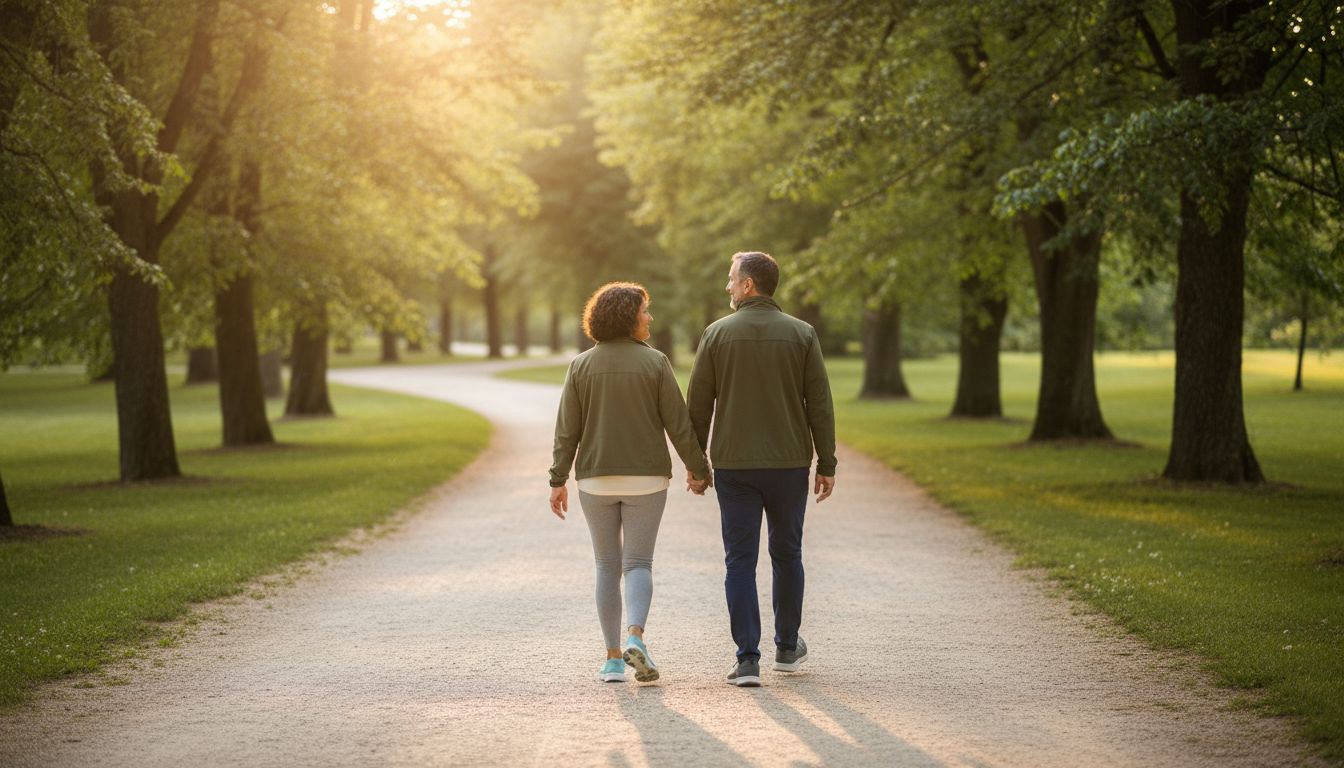 Couple walking hand-in-hand through a sunlit park path, moving comfortably and confidently