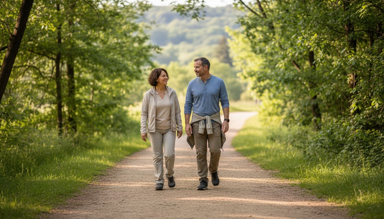 A couple walking comfortably together on a soft gravel nature trail surrounded by green trees