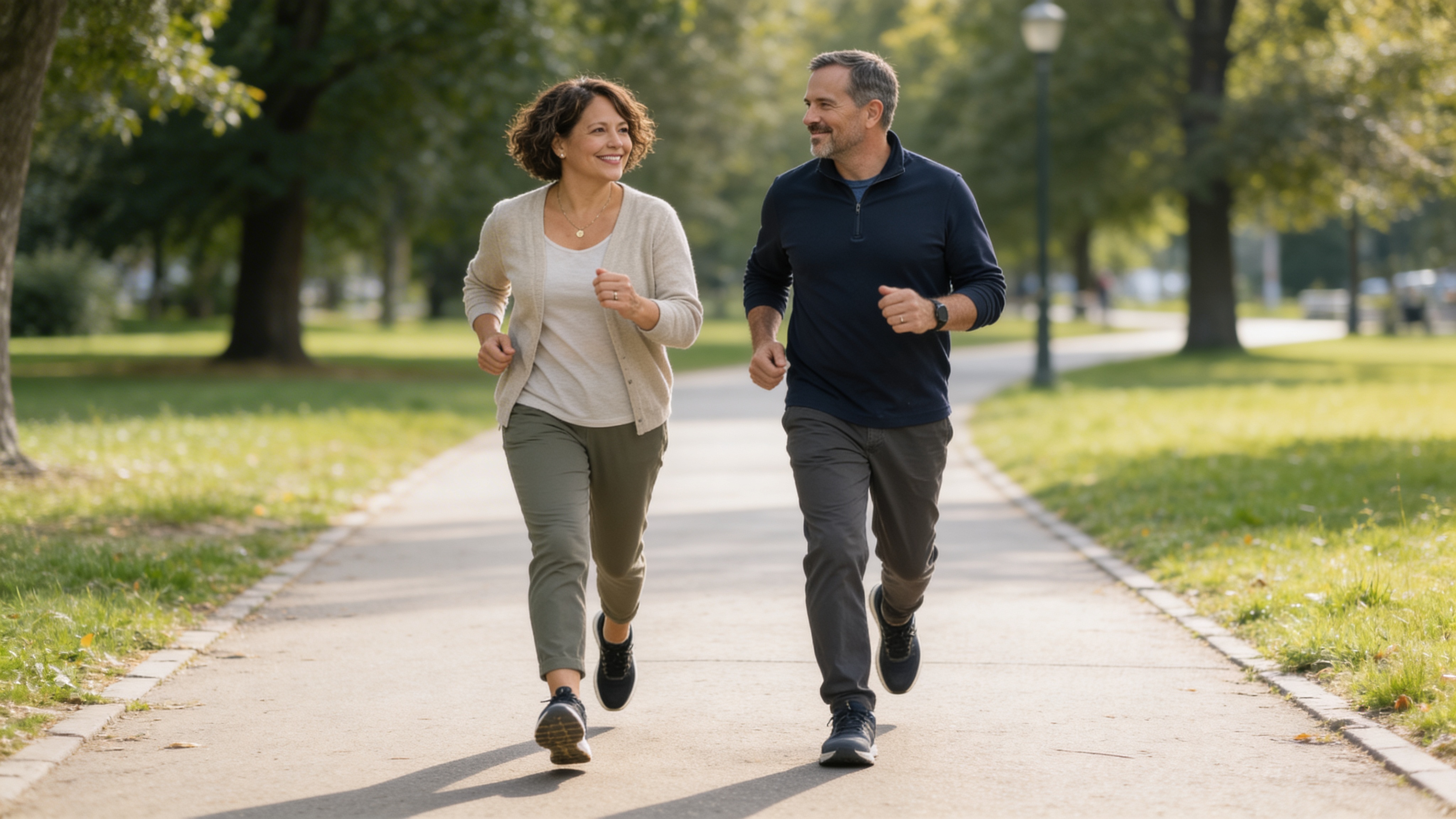A couple walking confidently together on a sunny park path, enjoying better mobility and circulation