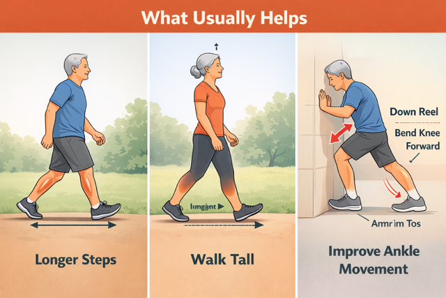 Three walking tips that help lower legs: longer steps, walk tall, and improve ankle movement