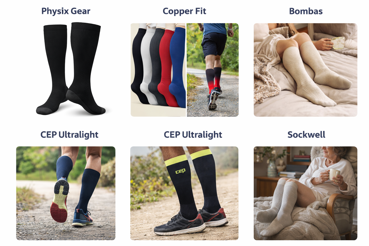 Product overview: Physix Gear, Copper Fit, Sockwell Circulator, and CEP Ultralight compression socks for walkers