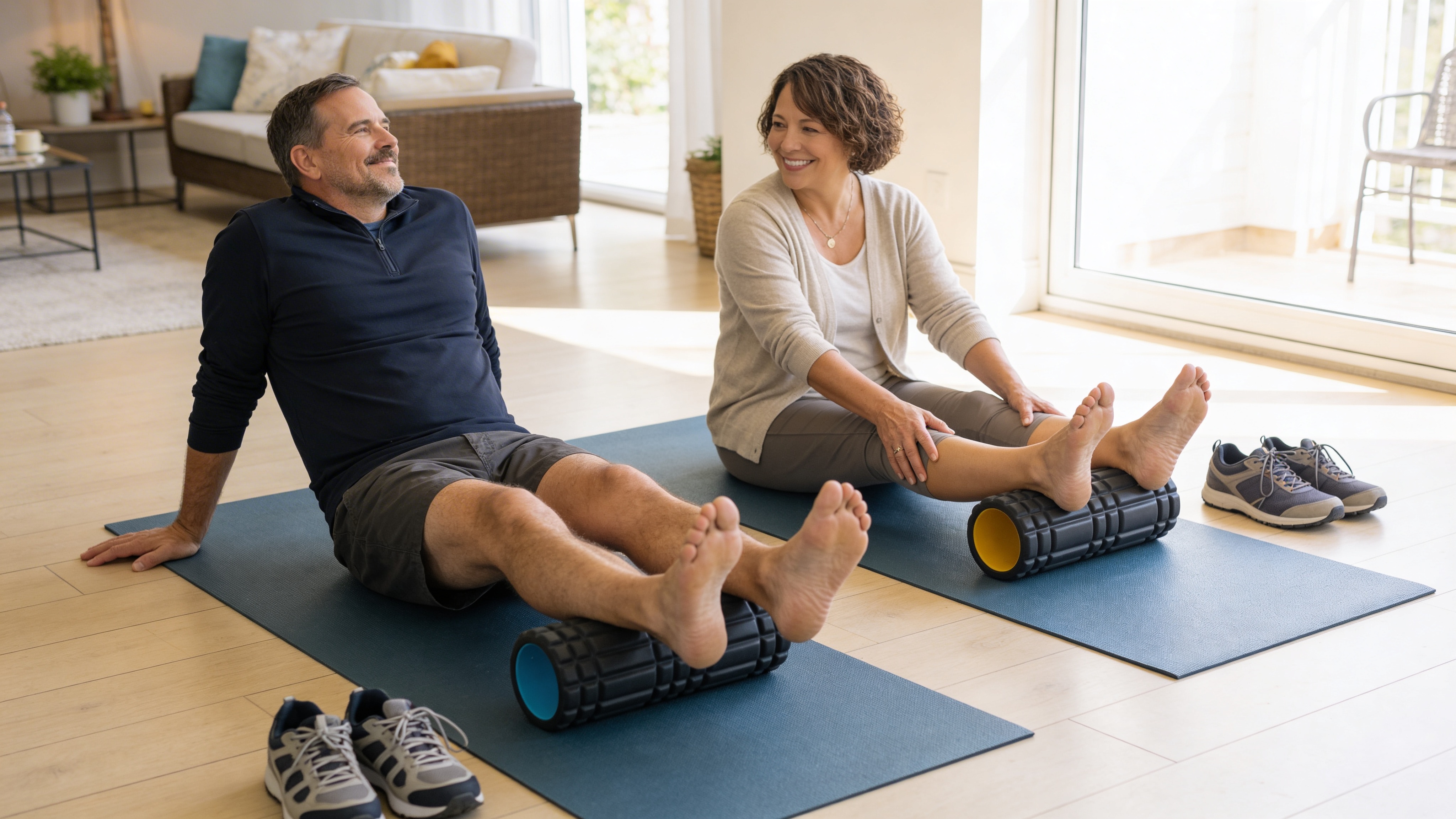 Active adult using compression boots for post-walk leg recovery at home