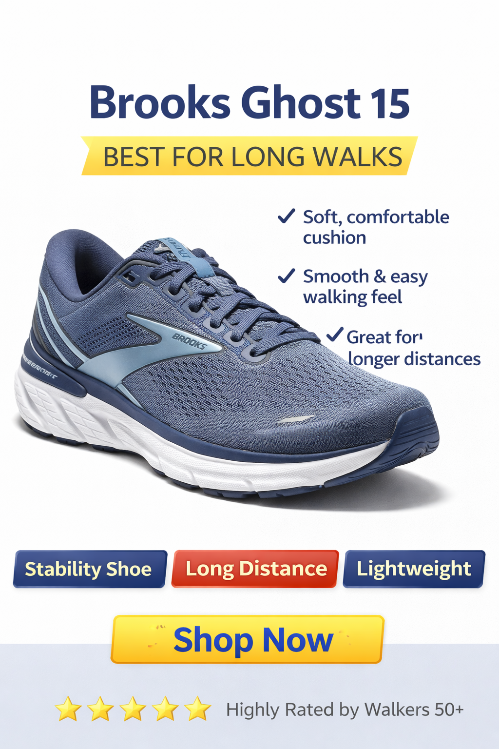 Brooks Ghost 15 — Best for long walks and daily comfort for walkers 50+