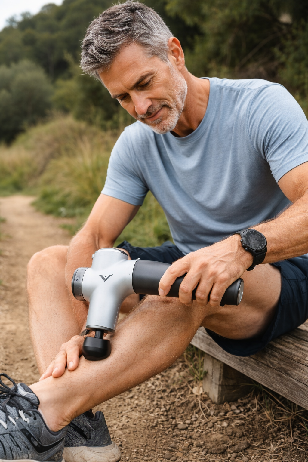 Man using a Hypervolt 2 massage gun on his calf while sitting on a trail bench