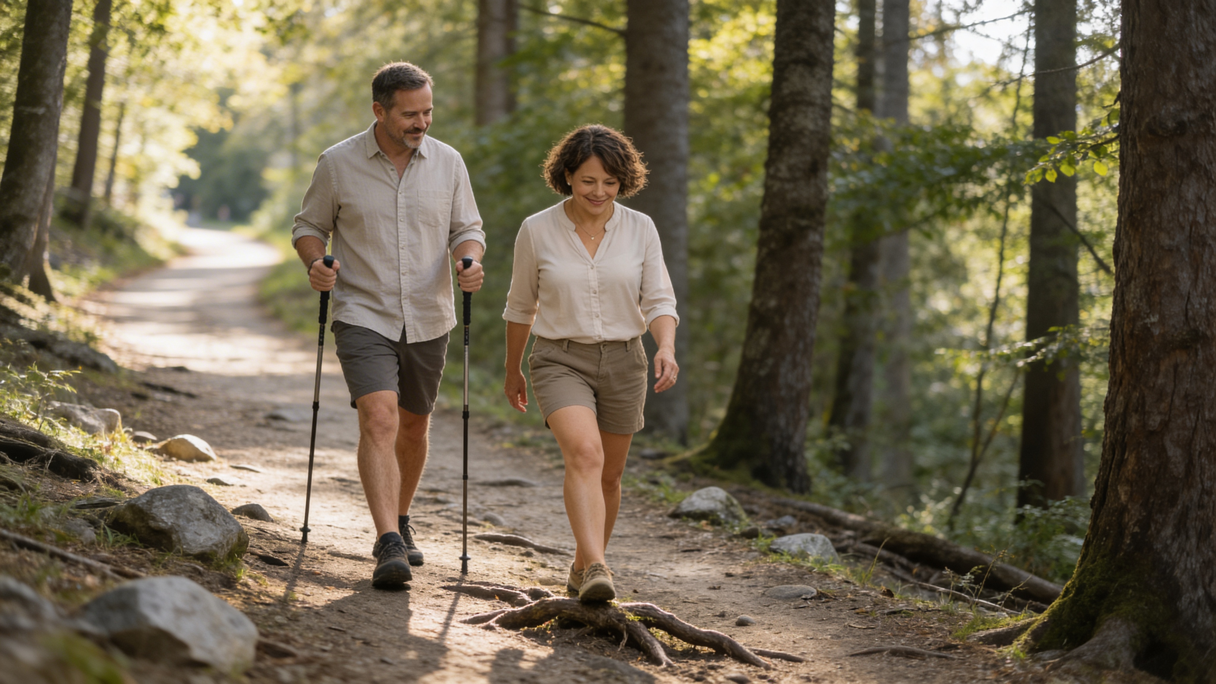 Couple walking confidently on a forest trail using walking poles
