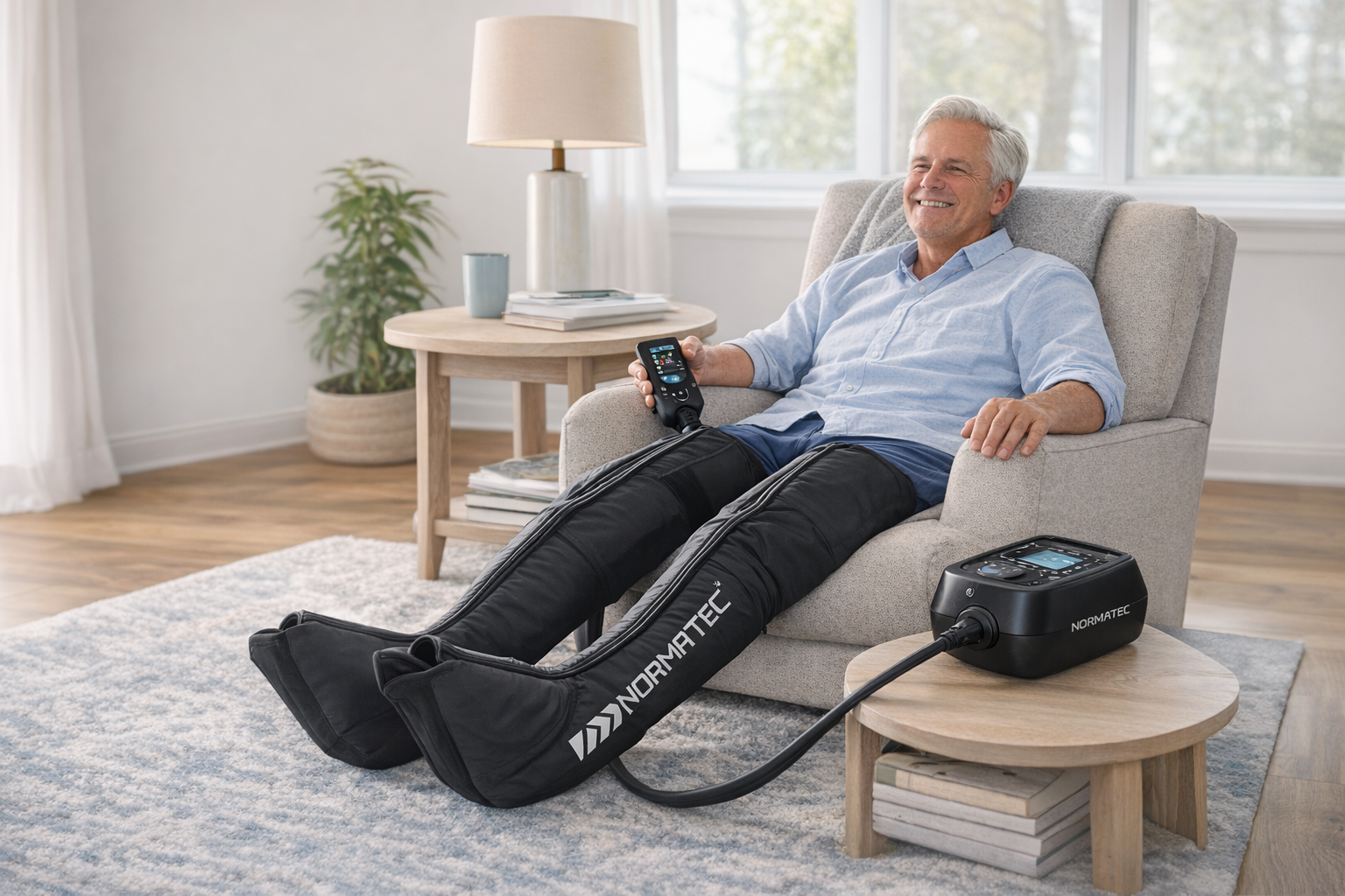 Normatec compression boots in use