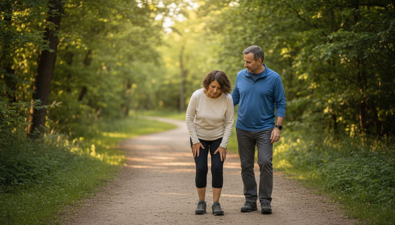 Woman pausing on a wooded walking path, hands on her lower legs, with a companion walking beside her