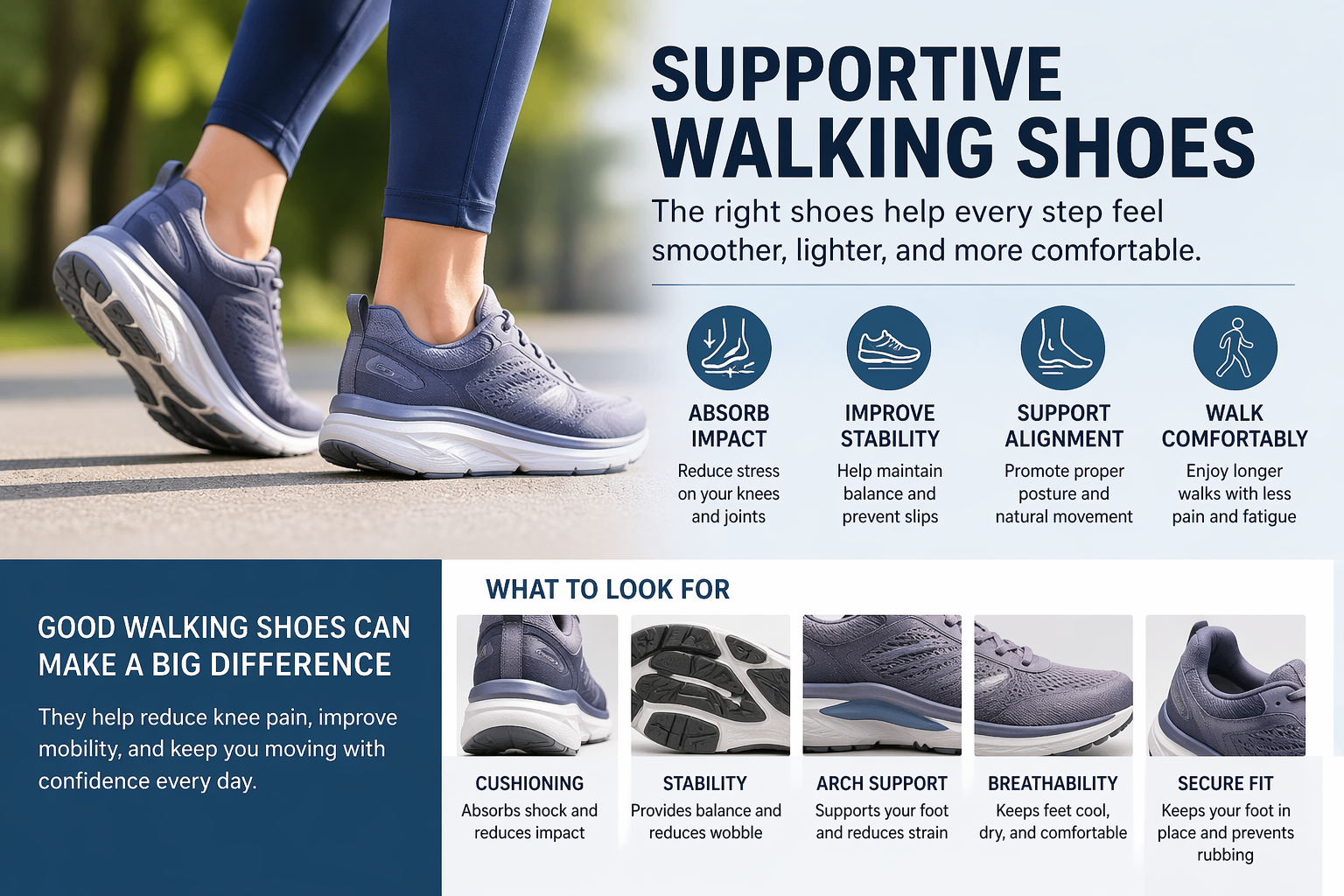 Supportive walking shoes infographic showing how they absorb impact, improve stability, support alignment, and help you walk comfortably