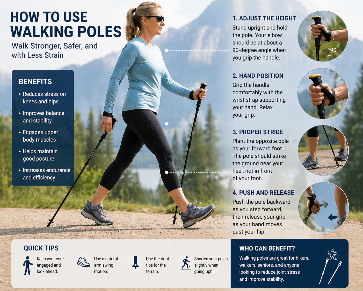 How to use walking poles infographic showing proper height, hand position, stride and technique to reduce knee stress