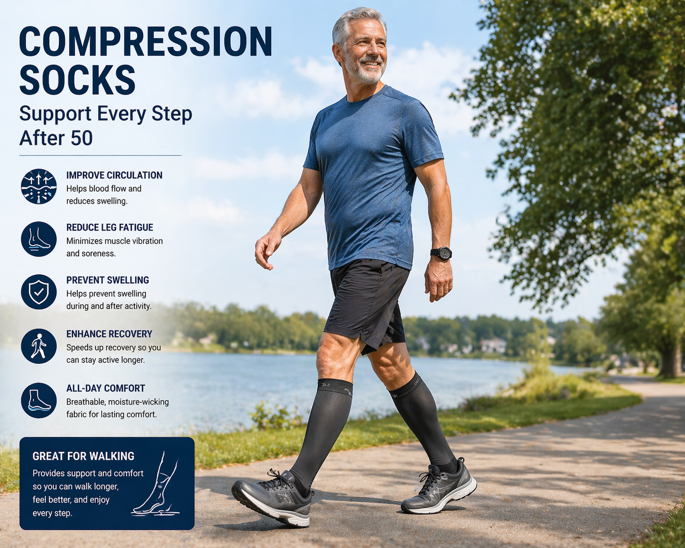 Compression socks infographic showing how they improve circulation, reduce leg fatigue, prevent swelling, and enhance recovery after walking