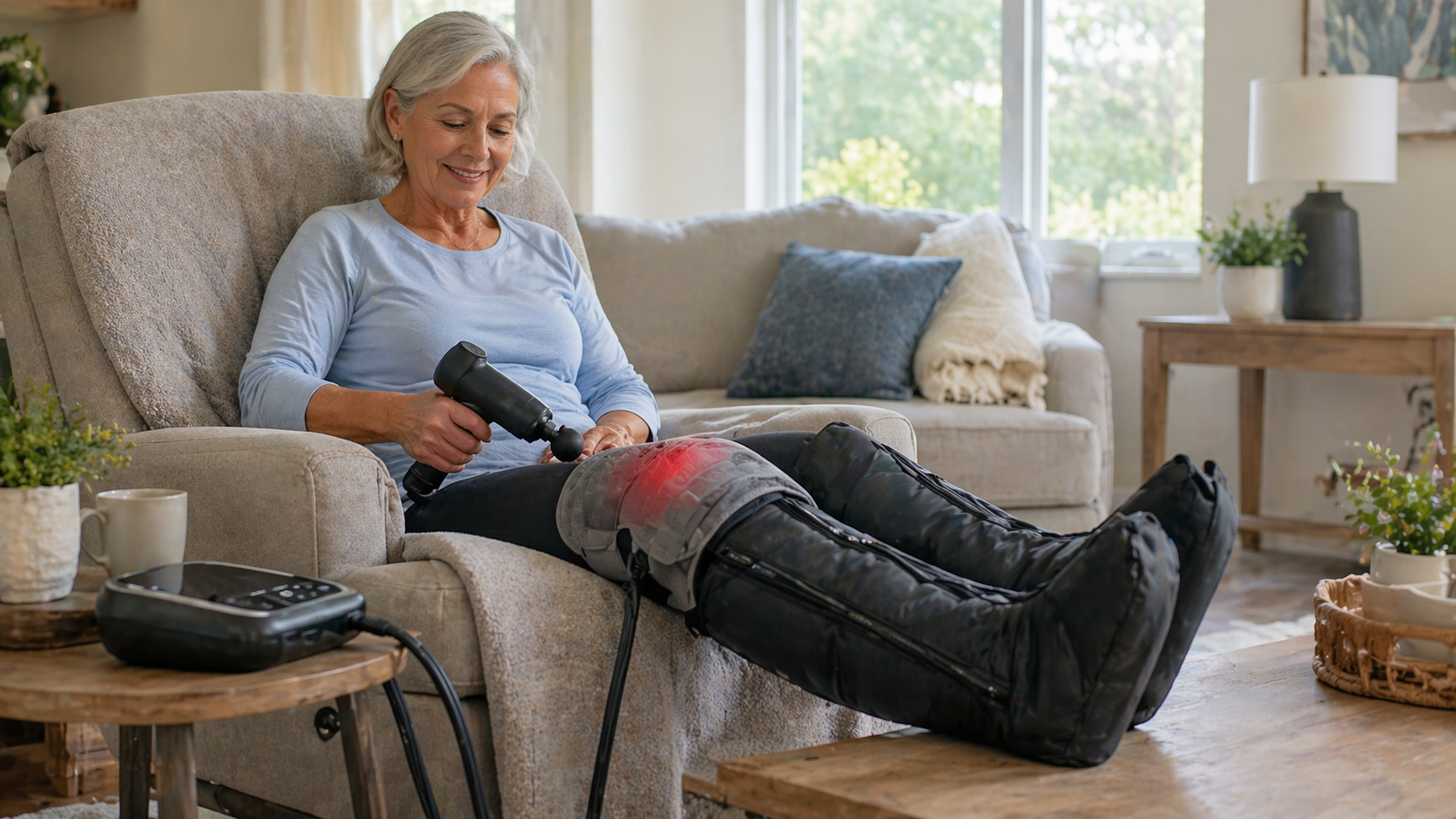 Woman using a massage gun and compression boots to recover after walking