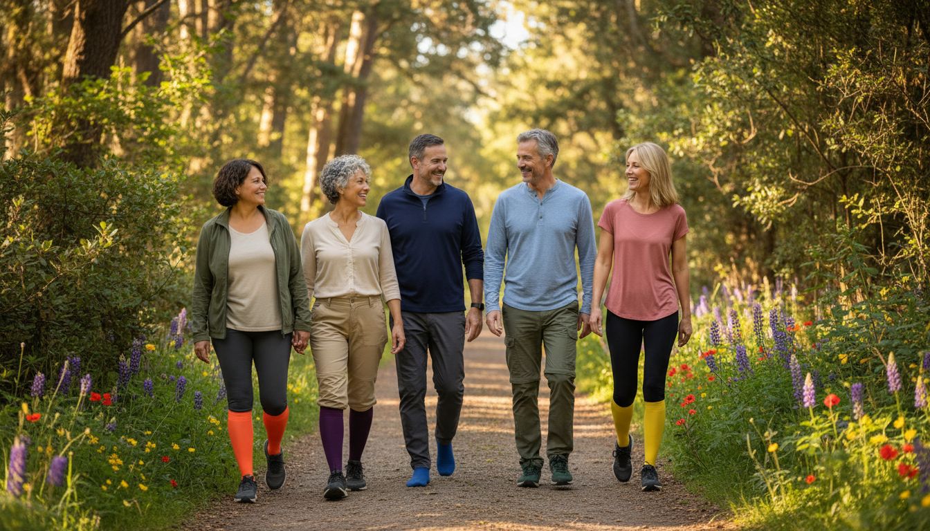 Group of adults walking together on a nature trail wearing colourful compression socks