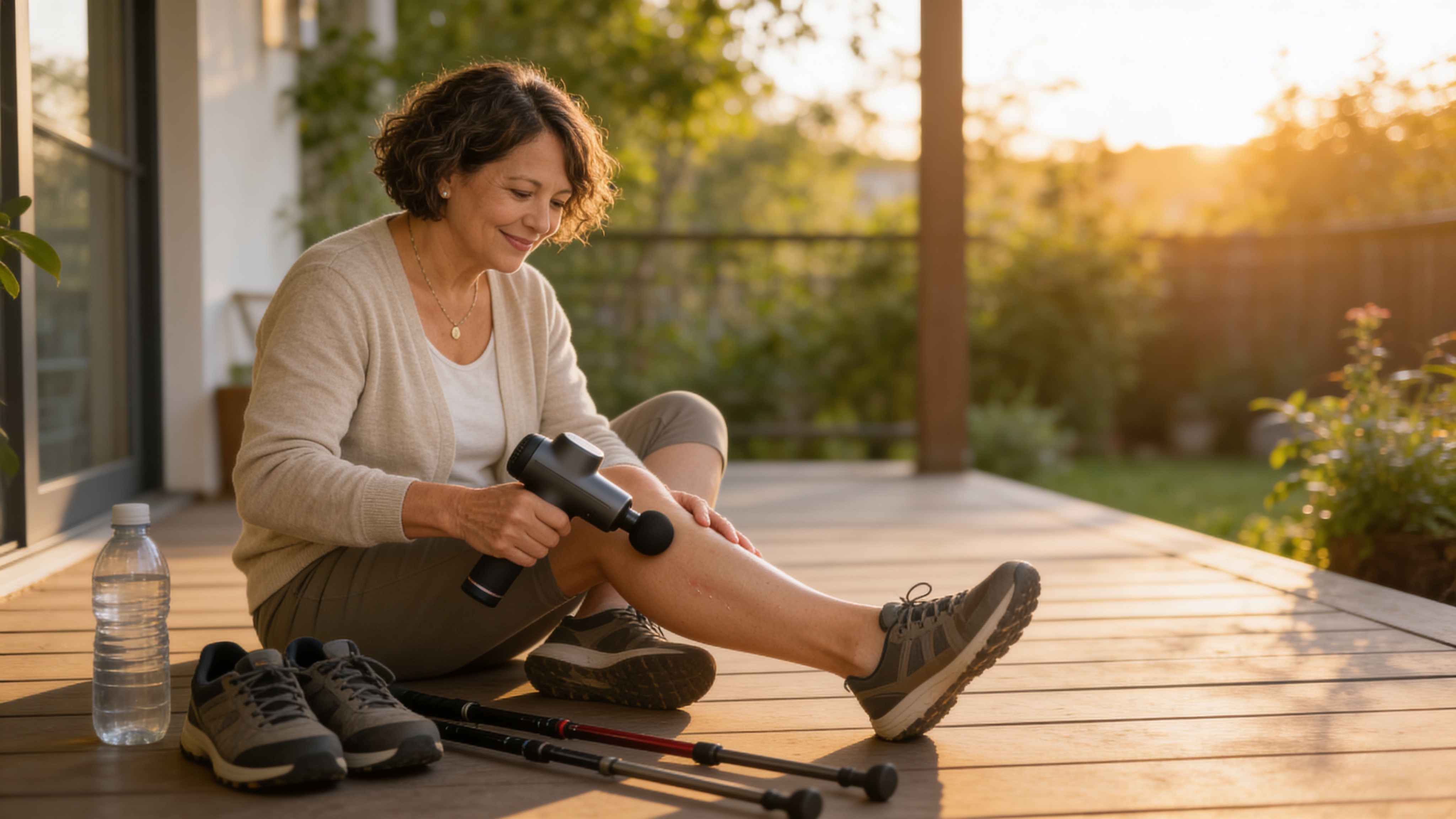 Woman sitting on a sunny deck using a massage gun on her leg after a walk, with walking shoes and poles beside her