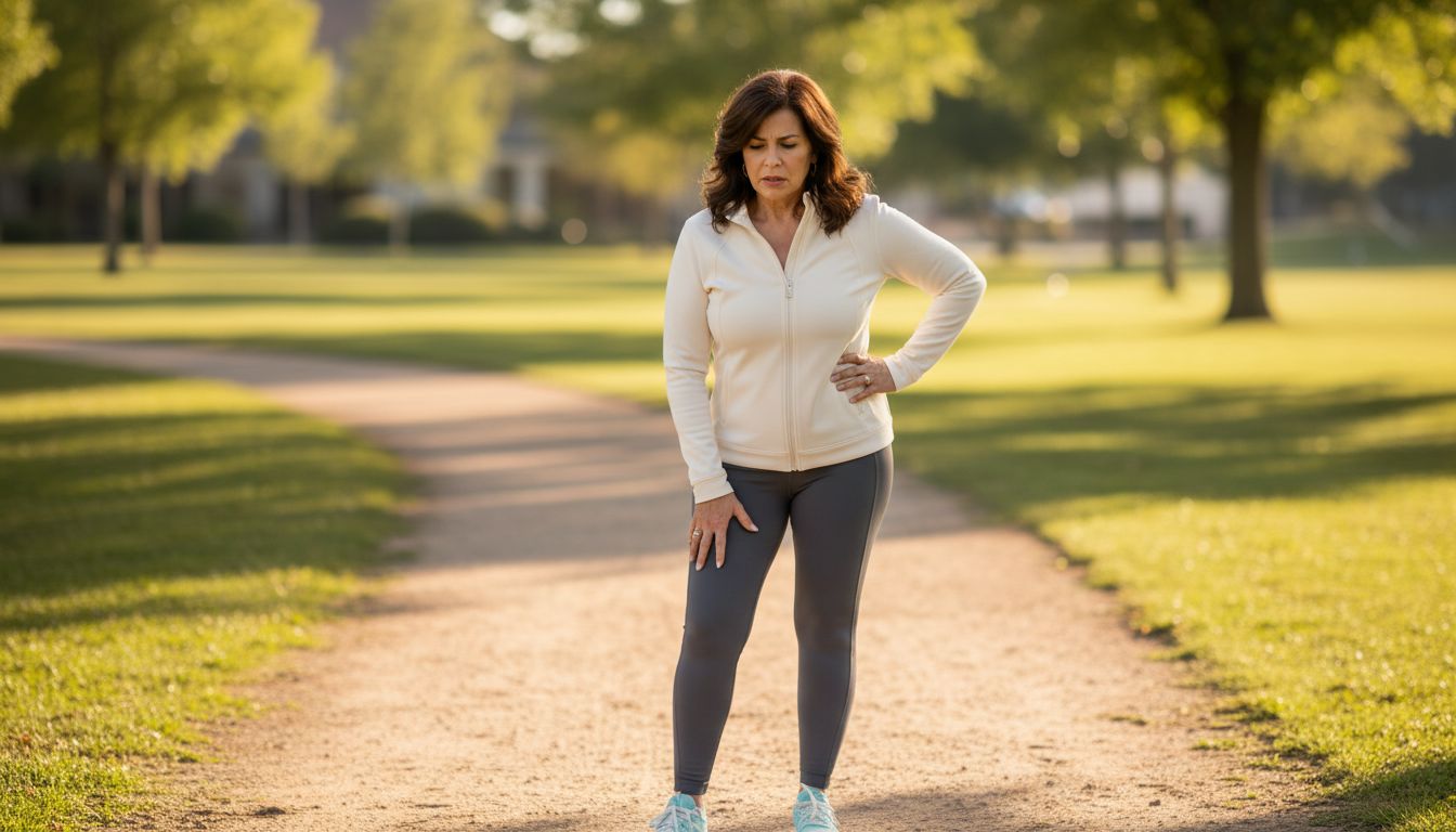 A mature woman pausing on a walking path with a hand on her thigh, representing heavy legs while walking