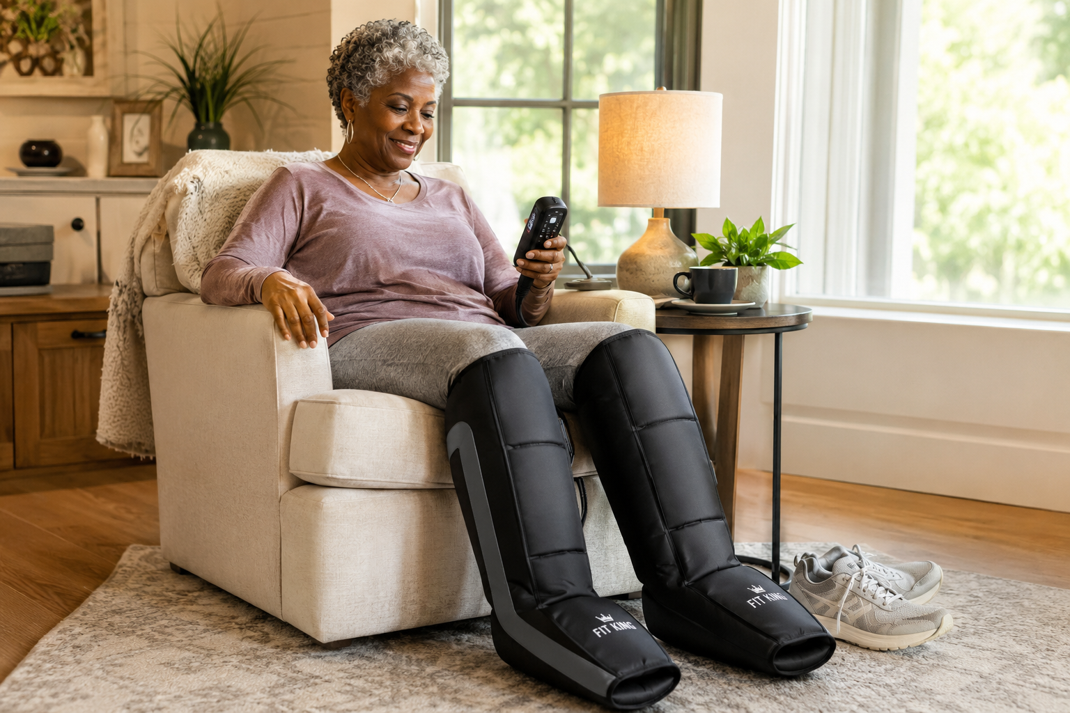 An older Black woman relaxing in a comfortable armchair at home while using FIT KING foot and calf compression boots