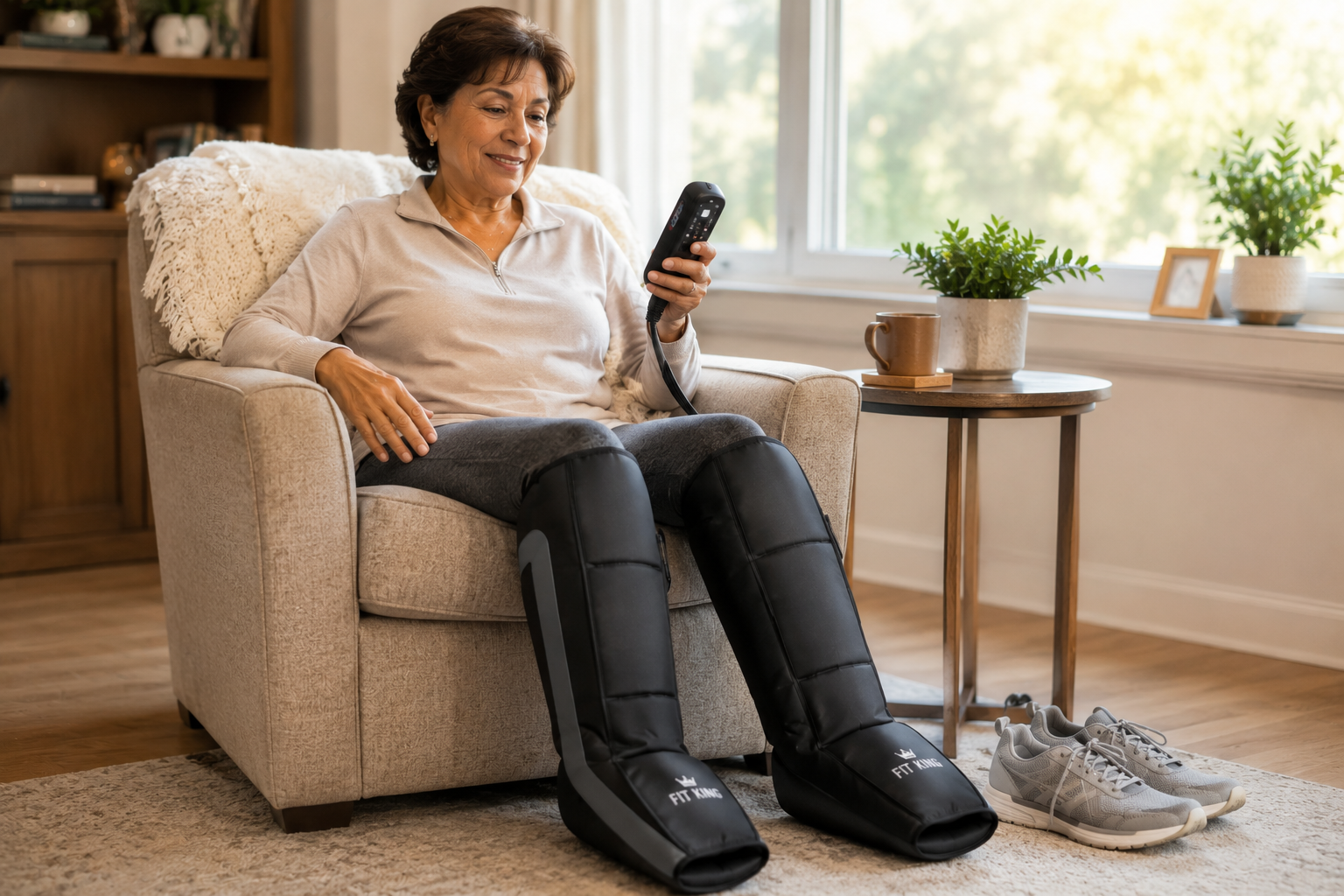 An older woman relaxing in a comfortable armchair at home, using FIT KING heat and compression boots on her legs while holding the remote control