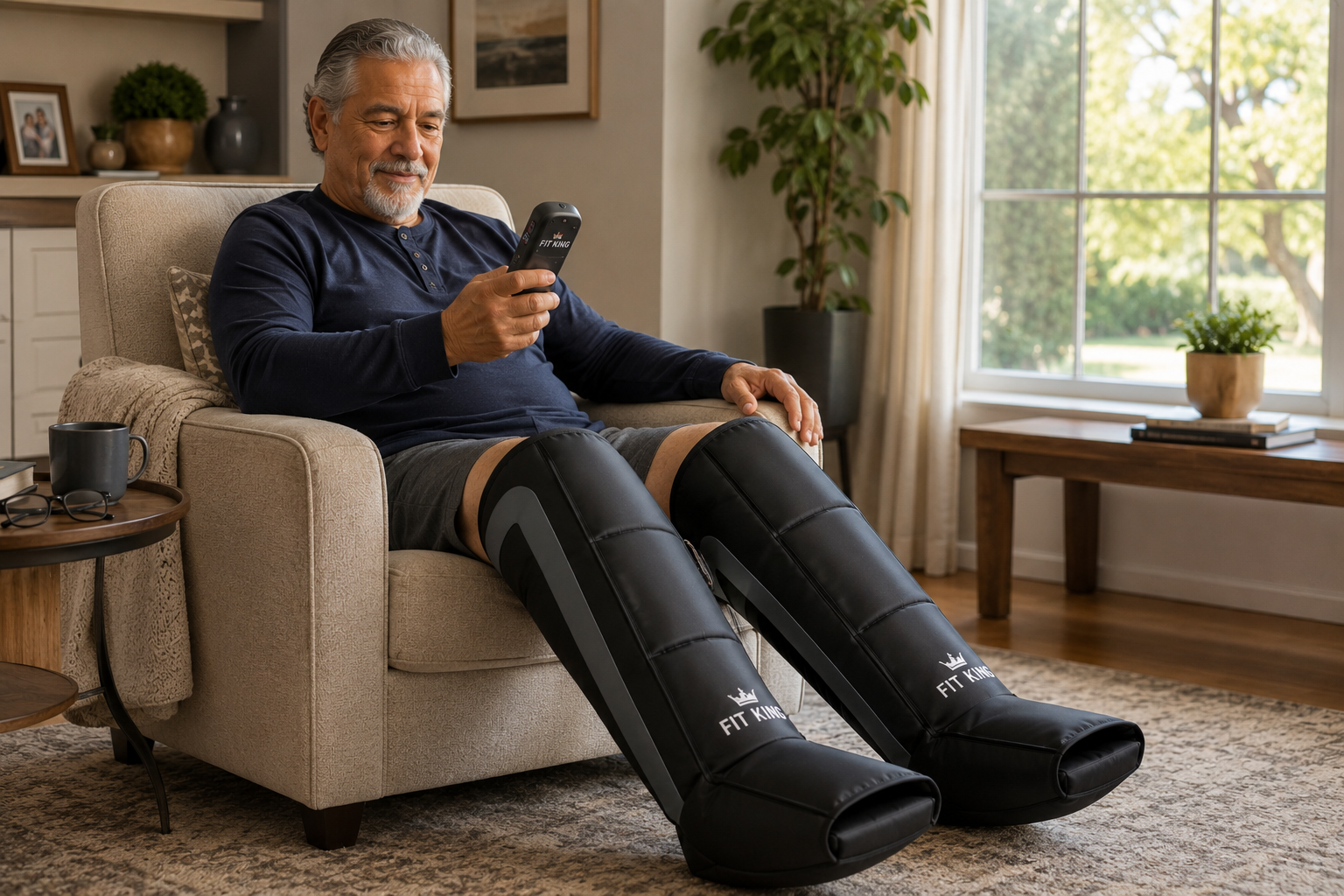 An older man relaxing at home using FIT KING cordless compression boots